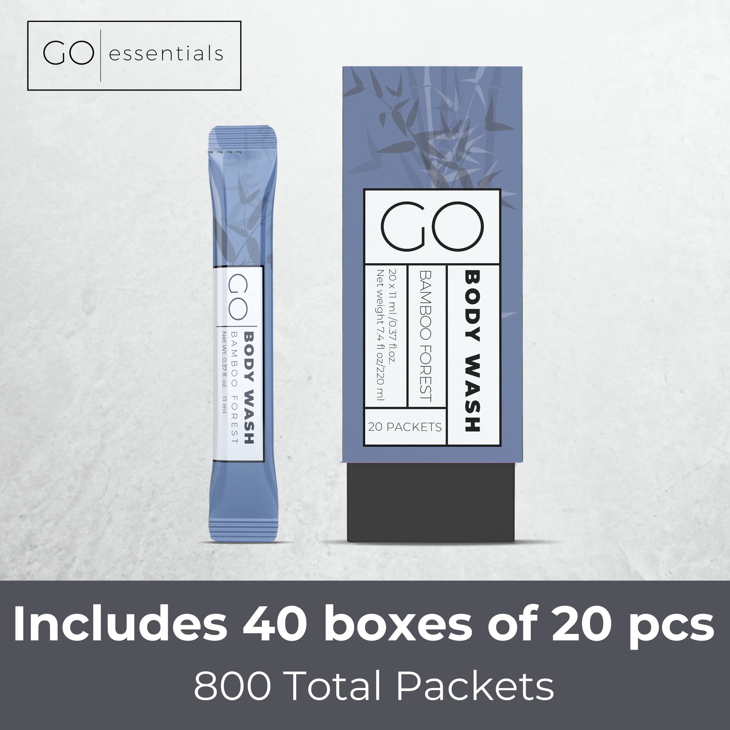 Go Essentials Travel Size Body Wash Packets - TSA Approved Single-Use Amenity (800 Packets, 40 Cartons) for Hotels, Gyms, Camping & Emergency Kits