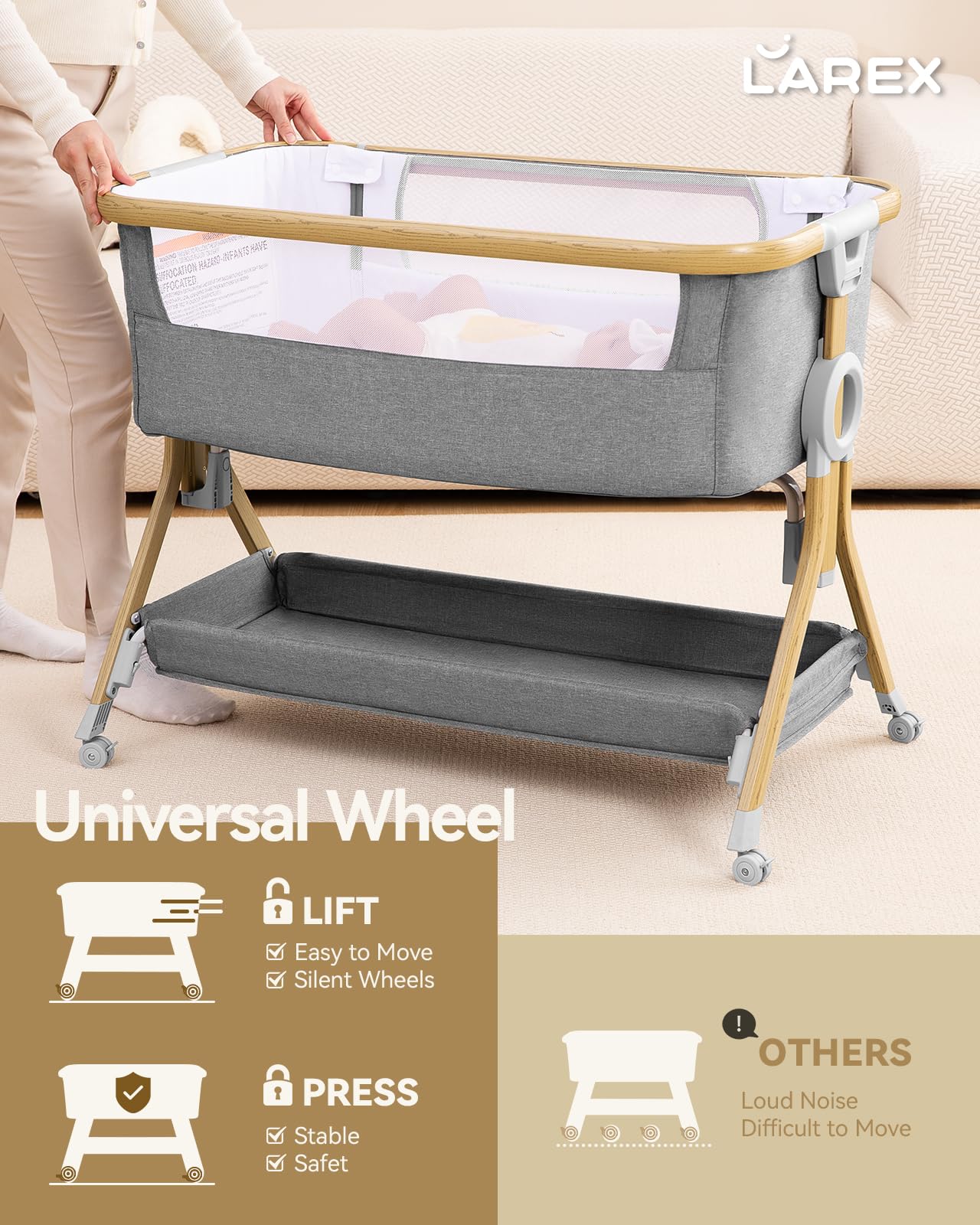 Larex Adjustable Baby Bassinet Bedside Sleeper - Portable Crib with Storage Basket & Wheels for Newborns & Infants | Easy Fold Assembly | Grey | Perfect for Nursery, Bedroom & Travel