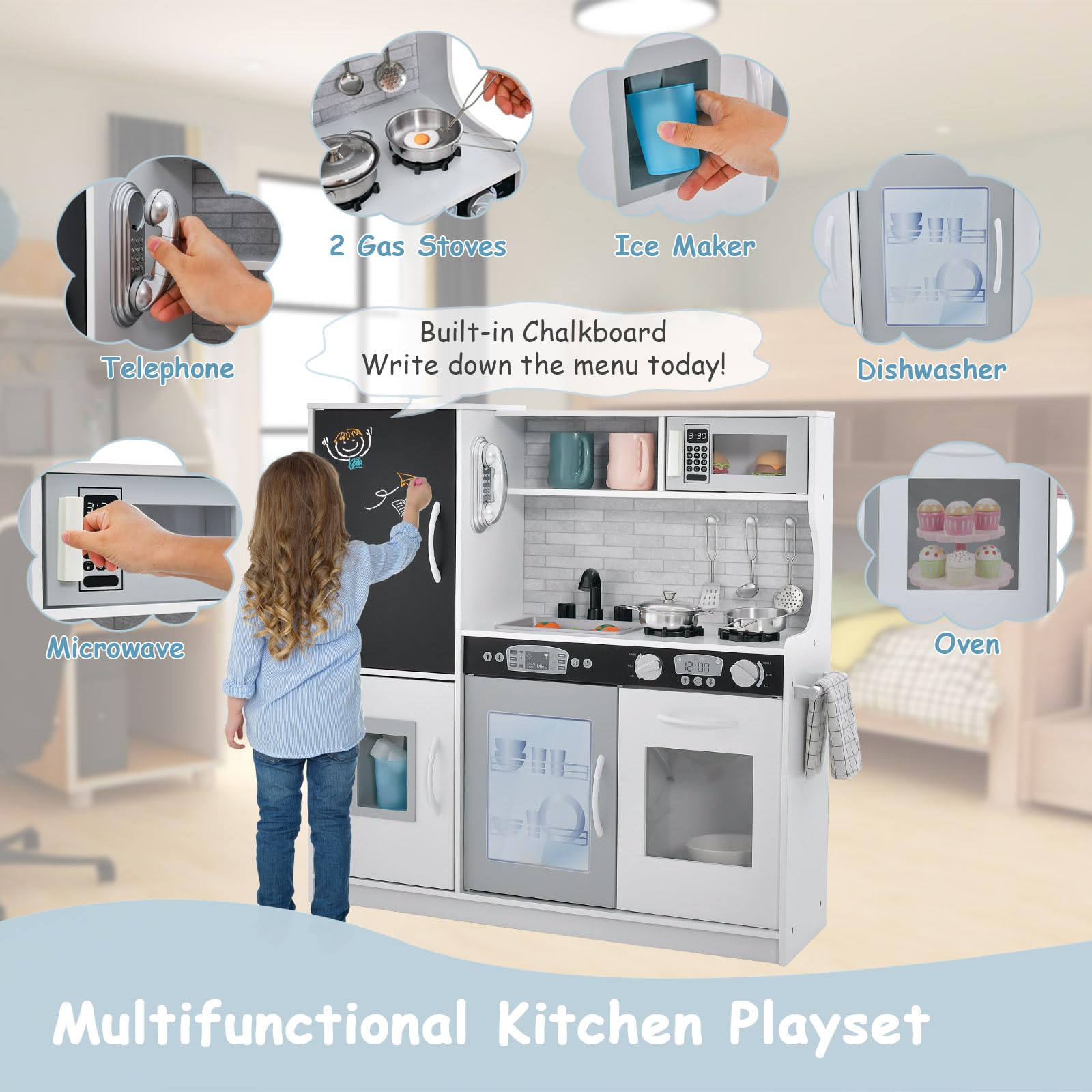 HONEY JOY Wooden Kids Kitchen Playset - Pretend Play Toy Kitchen with Chalkboard, Telephone, Utensils, Oven, Microwave & Sink | Educational Toddler Kitchen Set for Boys & Girls | Perfect Gift for Birthday & Christmas | Encourages Imaginative Play & Social Skills
