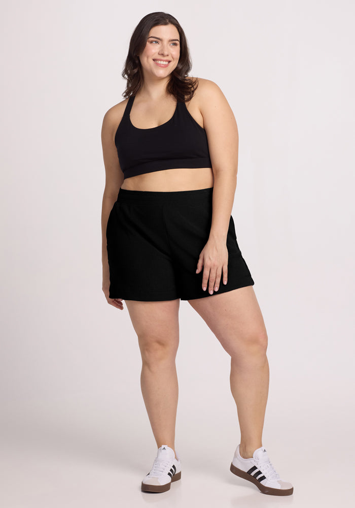 Maisey Ribbed Shorts for Women - High Waist Stretchy Black Shorts | Comfortable Casual & Workout Shorts for Yoga, Running, and Lounge Wear