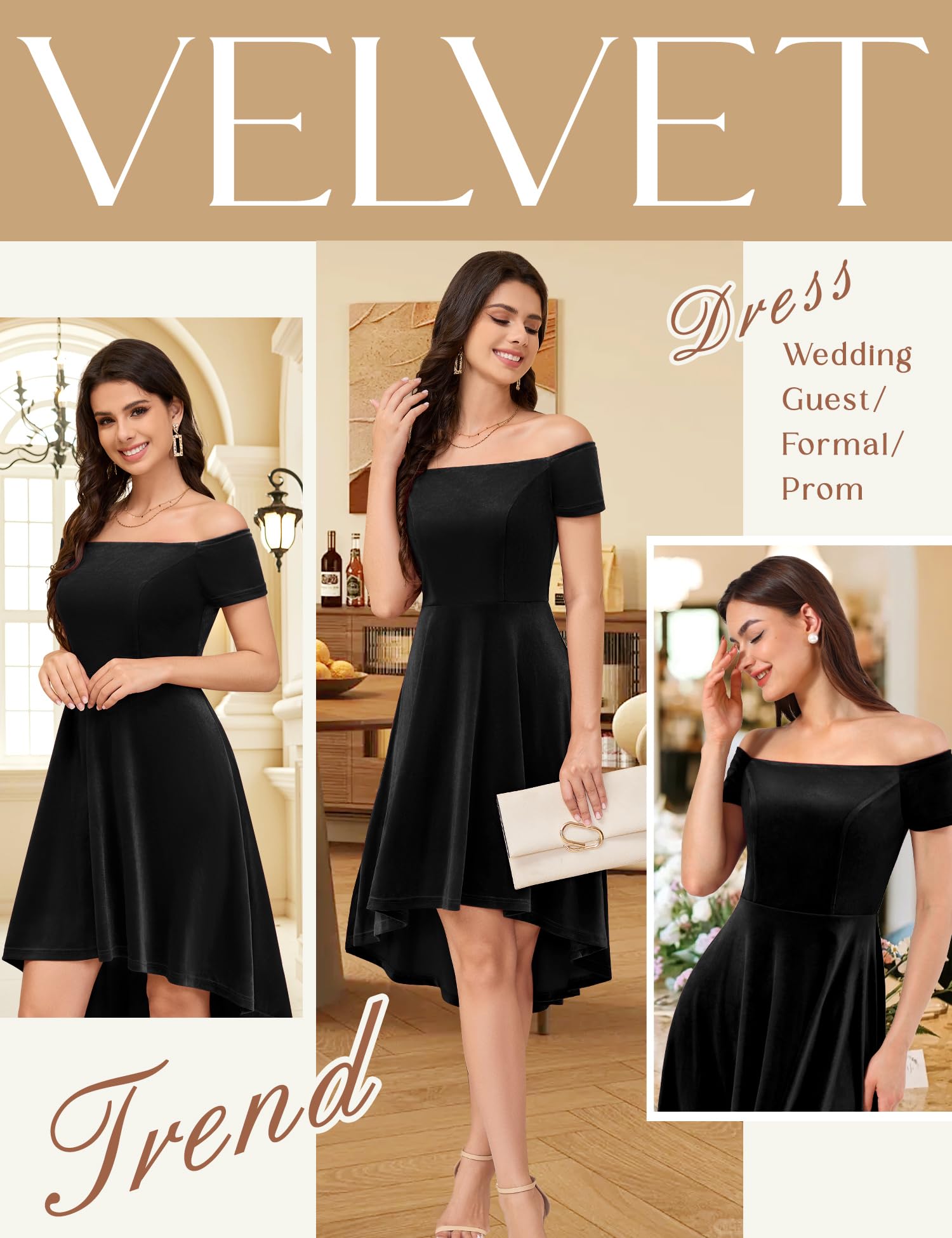 Elegant Off Shoulder Velvet High Low Evening Dress for Women 2024 | Cocktail Party, Formal Prom, Wedding Guest Gown | Perfect for Special Occasions & Night Out