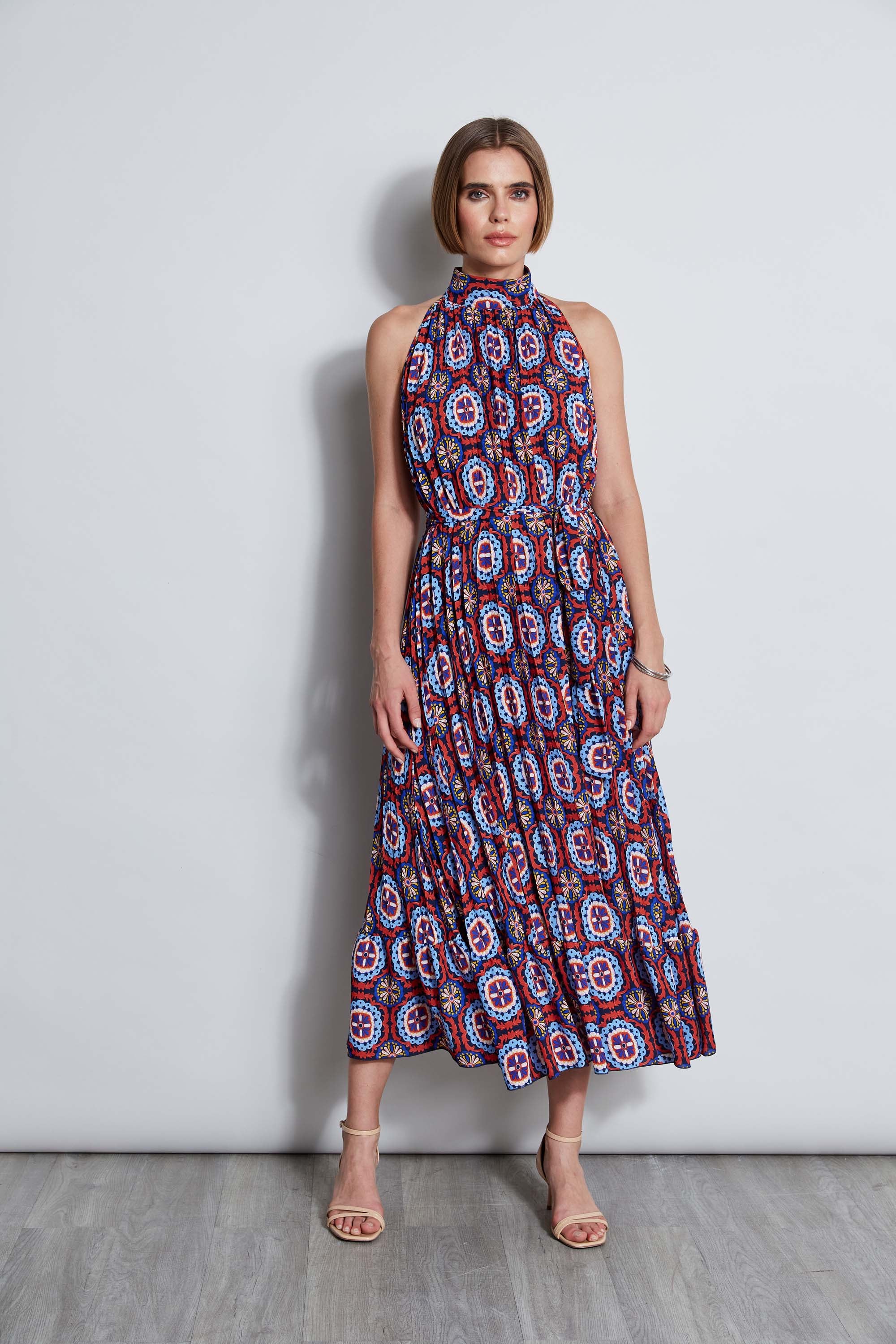 T Tahari Pleated Print Halter Midi Dress for Women | Flowy Summer Dress with V-Neck | Perfect for Beach Vacations, Cocktail Parties & Date Nights