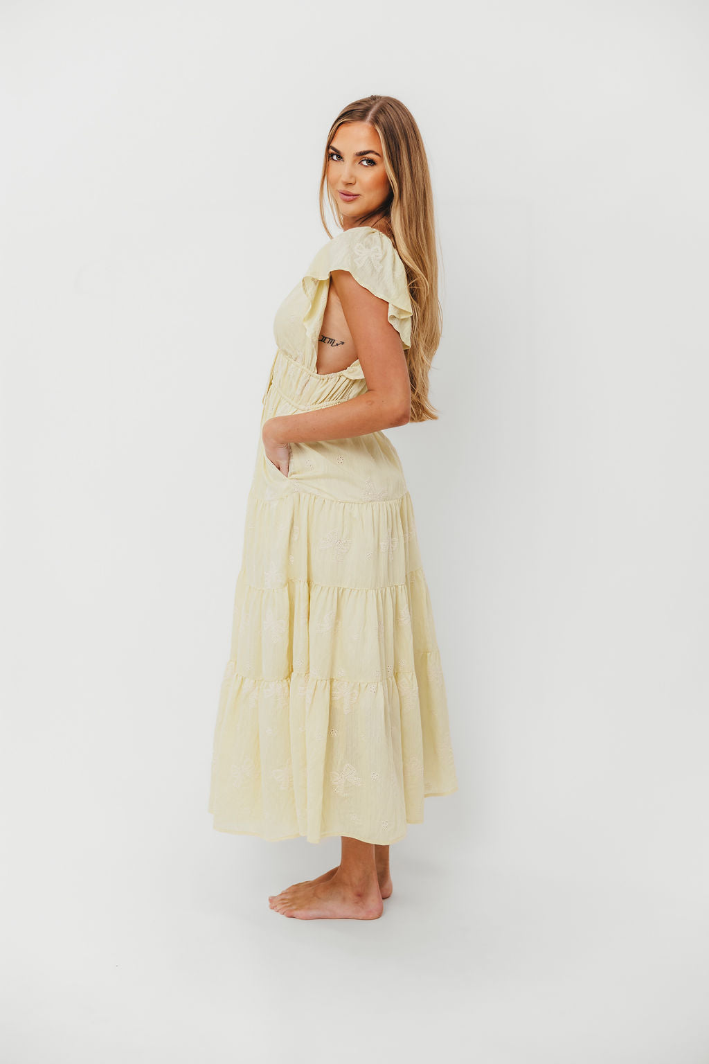 Yellow Destiny Embroidered Ruffle Sleeve Tiered Midi Dress for Women | Floral Summer Party & Wedding Guest Outfit