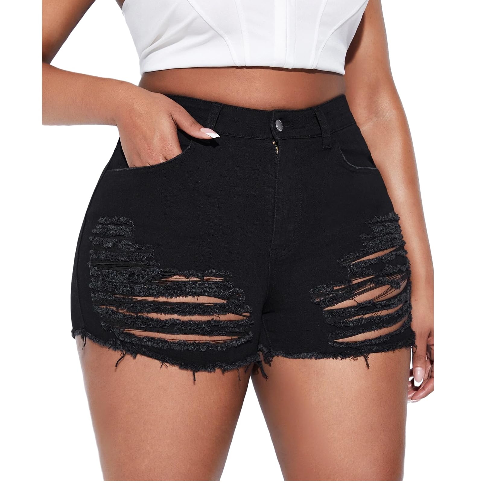 MapleHub Plus Size Women's Ripped Denim Jean Shorts - High Waisted Stretchy Folded Hem Distressed Denim Shorts for Casual Wear, Summer Outfits & Street Style Fashion