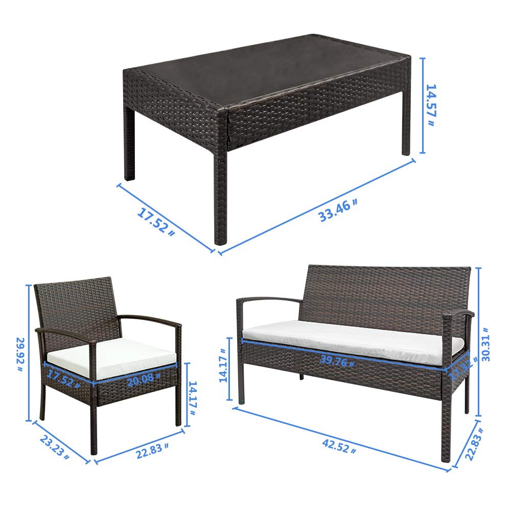 4-Piece All-Weather Outdoor Patio Rattan Furniture Set with 1 Double Seat, 2 Single Chairs & 1 Tempered Glass Coffee Table - Perfect for Garden, Backyard, Poolside or Balcony Relaxation