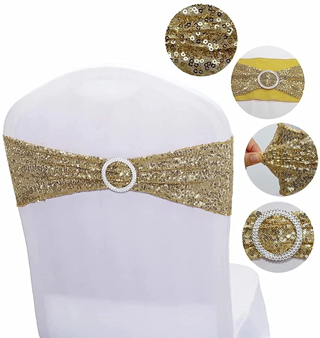100pcs Champagne Sequin Chair Sashes - Stretch Spandex Chair Bands with Buckles for Wedding, Banquet, Birthday, Graduation, Anniversary & Prom Decorations | Elegant Party Chair Covers for Special Events & Celebrations