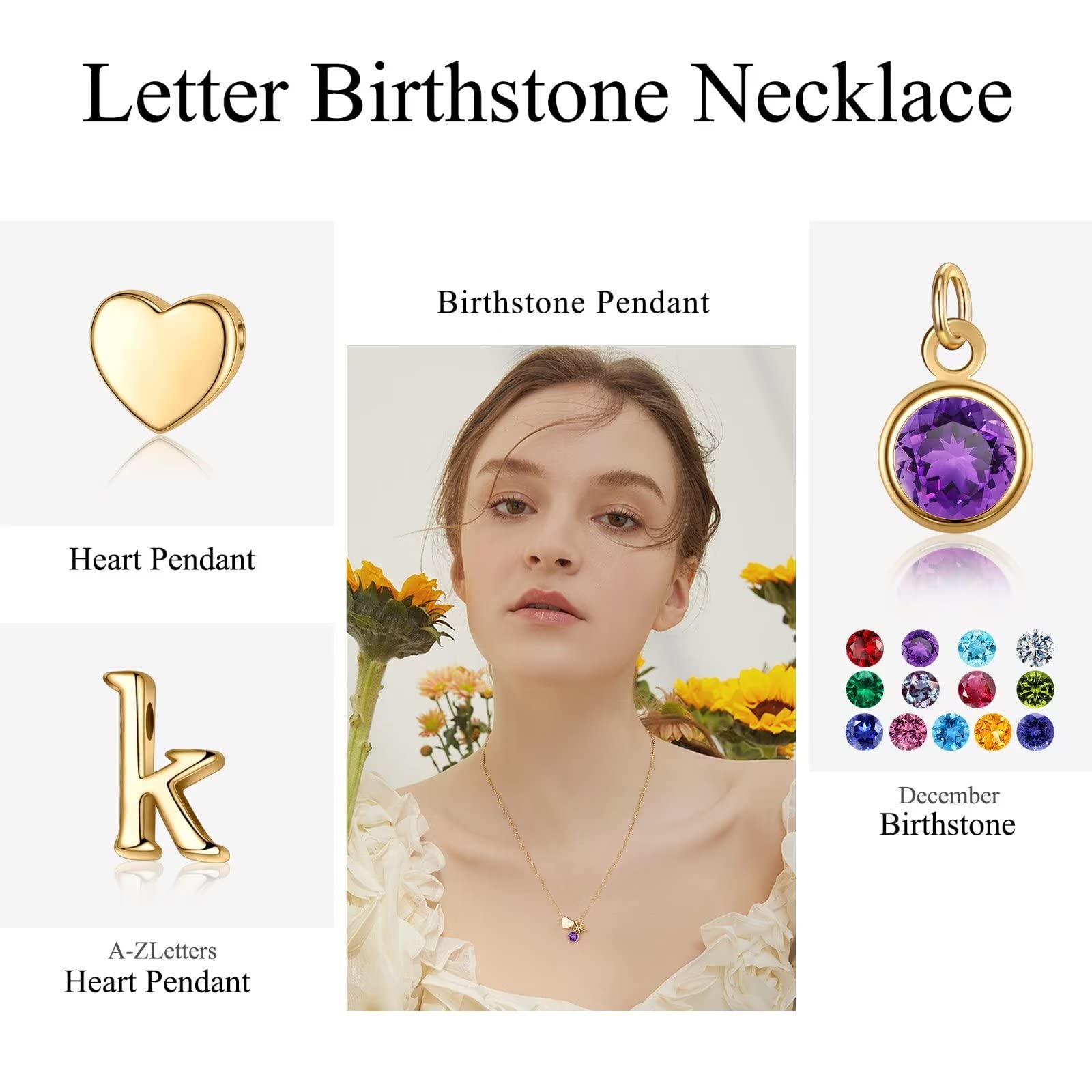 Ursilver Personalized Initial Birthstone Necklace for Women - Heart Pendant with Birthstone, Custom Name Jewelry - Perfect Birthday Gift, Anniversary Present & Everyday Wear for Her