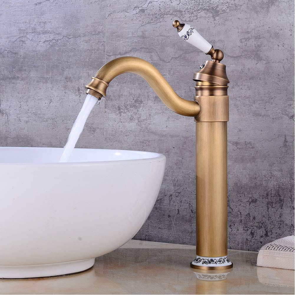 Antique Brass Single Lever Basin Mixer Tap - 360° Swivel Bathroom Sink Faucet with Ceramic Cartridge for Hot & Cold Water - European Retro Style Washroom Faucet for Vanity, Powder Room & Guest Bath
