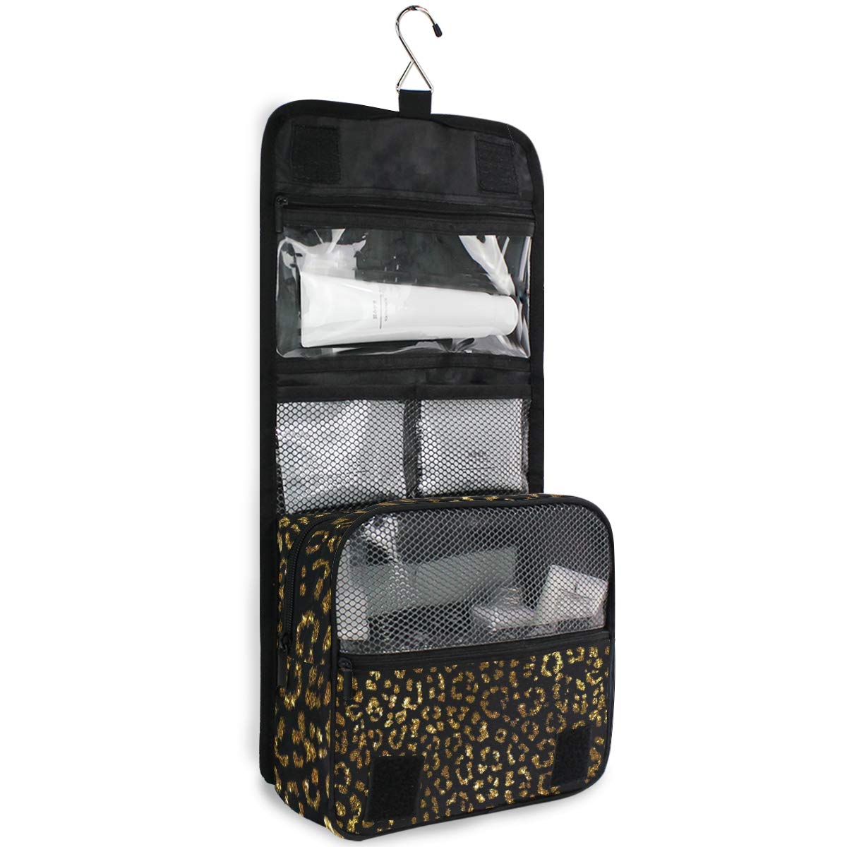 ALAZA Gold Leopard Print Hanging Toiletry Bag - Waterproof Travel Cosmetic Organizer with Hook for Makeup, Skincare & Shampoo | Perfect for Vacation, Gym & Business Trips