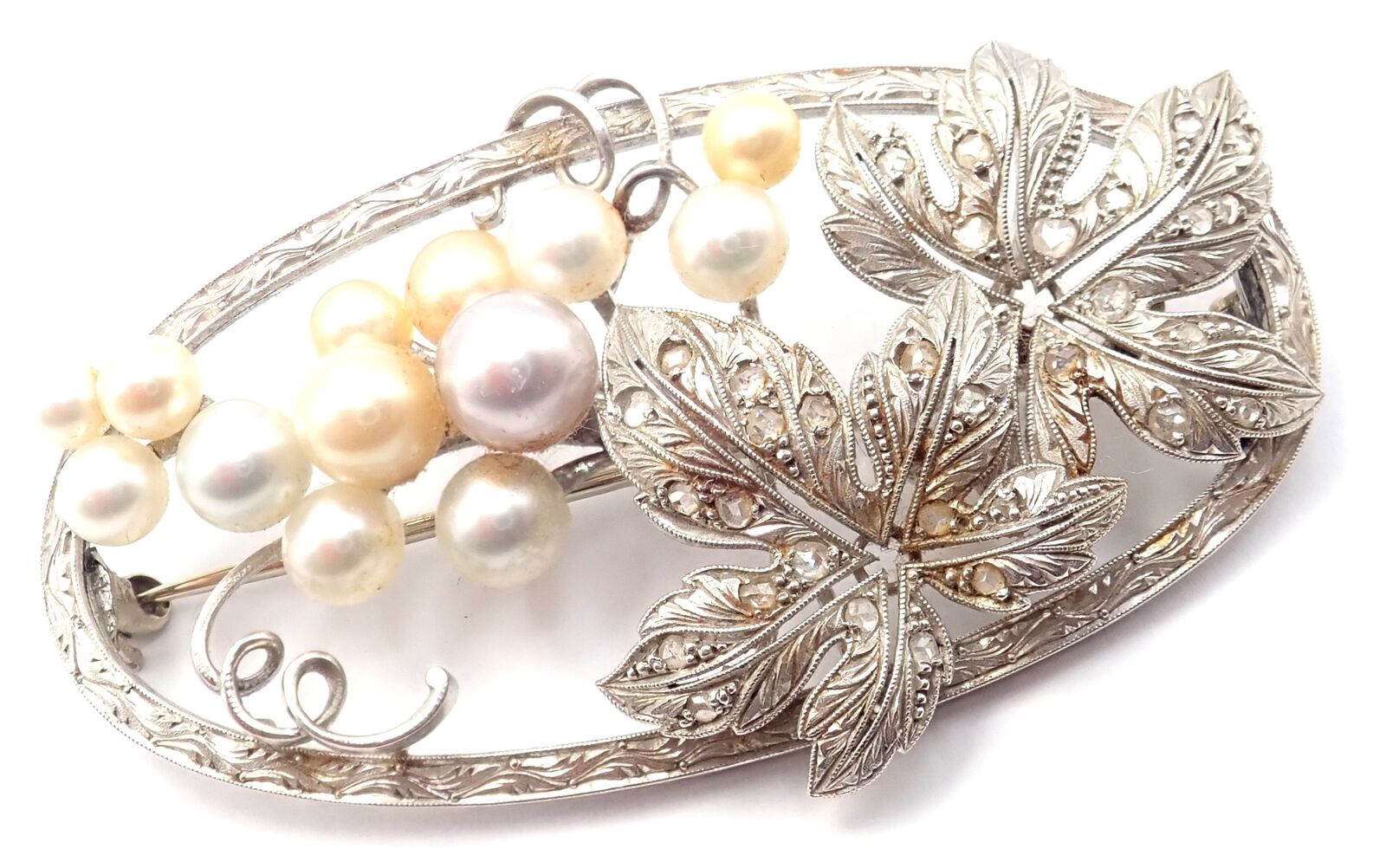 Authentic Mikimoto 14k White Gold Diamond Pearl Brooch Pin - Vintage Jewelry for Women, Elegant Gift for Brides, Anniversaries & Special Occasions