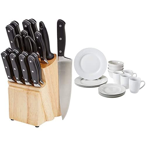 Amazon Basics Premium 18-Piece Stainless Steel Kitchen Knife Block Set & 16-Piece Dinnerware Set - Includes Plates, Bowls, Mugs for 4 People, White - Perfect for Home Cooking, Entertaining Guests & Daily Dining