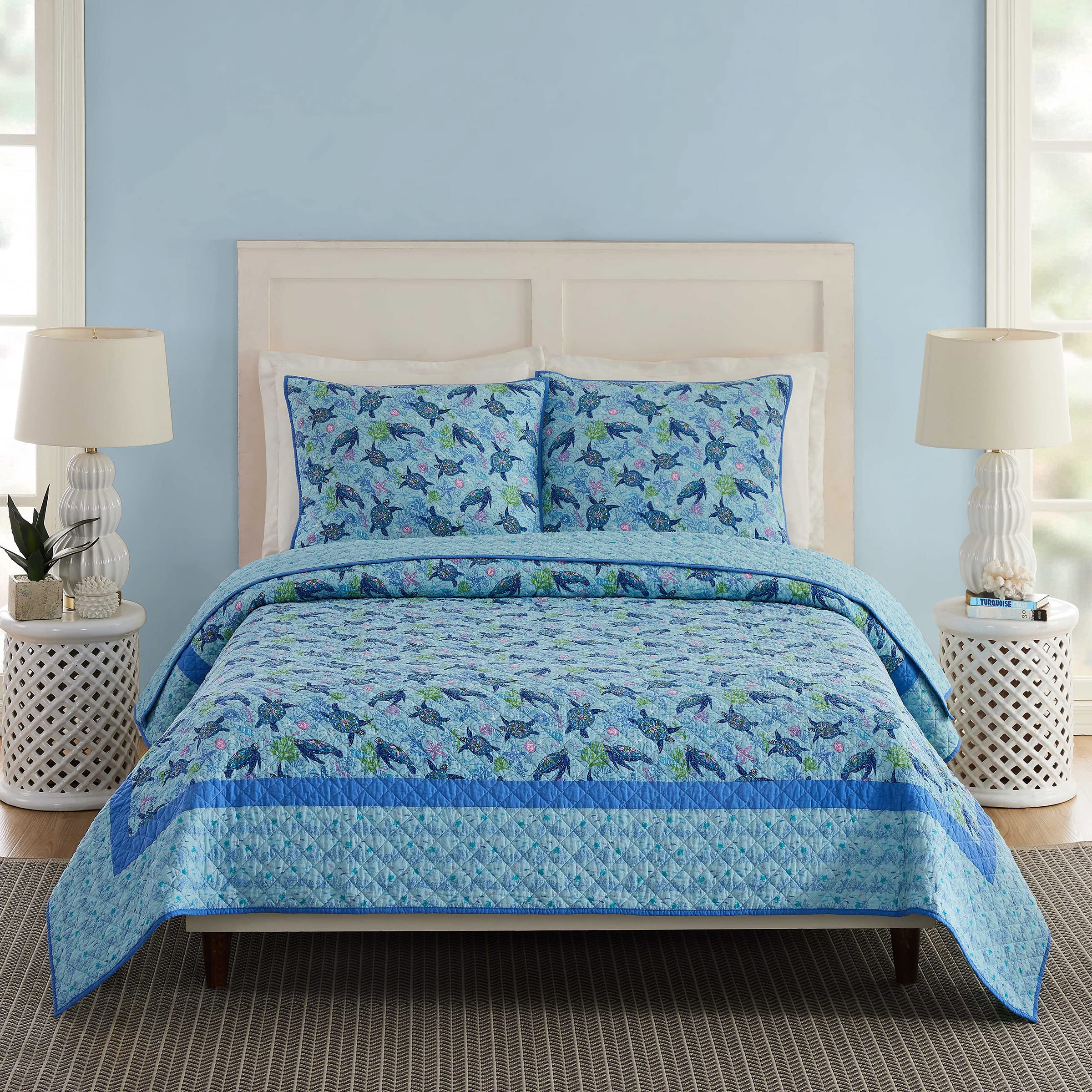 Vera Bradley Turtle Dream Reversible Quilt Set - Full/Queen Size Blue Floral Bedding - Perfect for Guest Rooms, Dorm Decor & Cozy Bedroom Makeovers