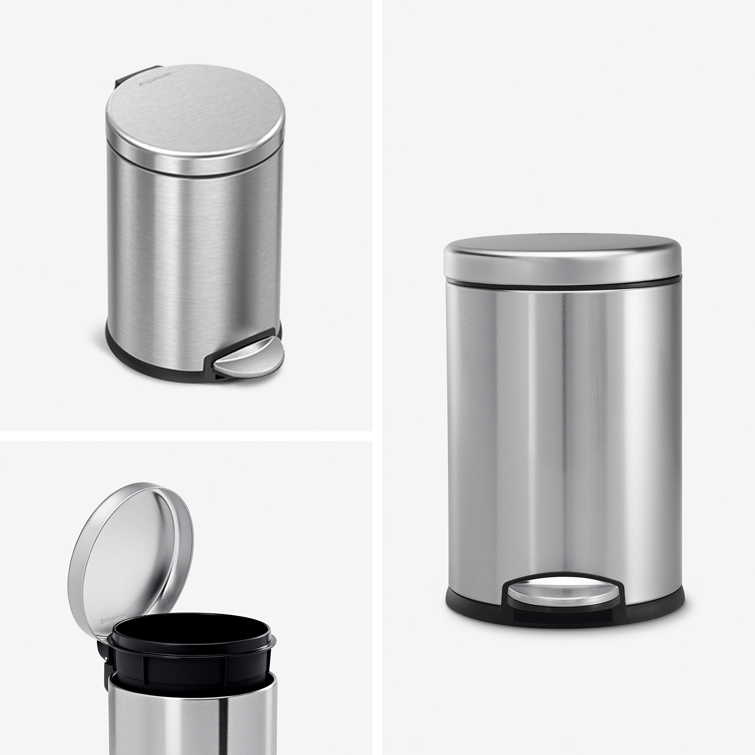 simplehuman 30L/8 Gallon Round Step Trash Can & 4.5L/1.2 Gallon Bathroom Step Trash Can Set - Brushed Stainless Steel | Kitchen & Bathroom Waste Bin with Foot Pedal for Hands-Free Use