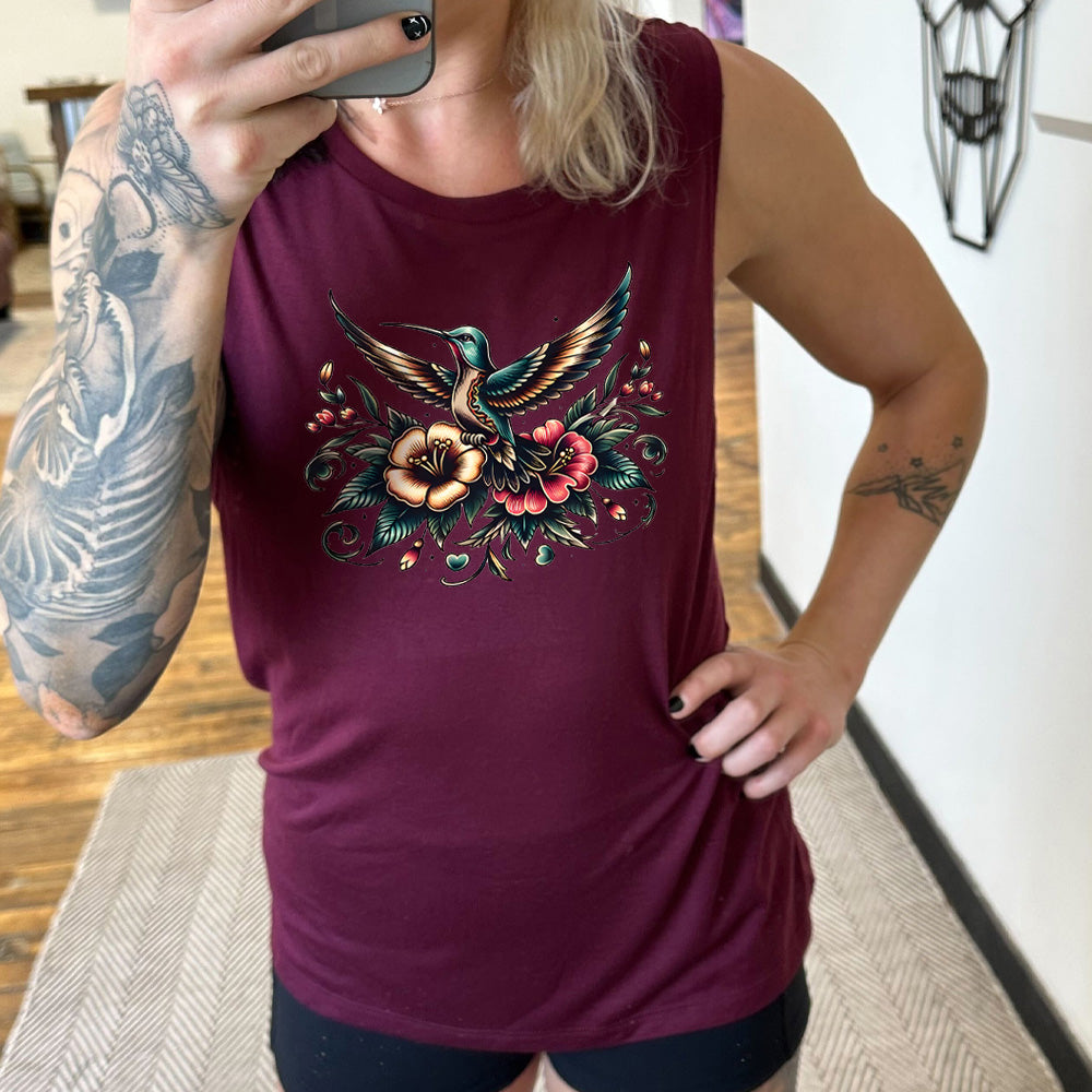 Hummingbird Muscle Tank Top for Women - Soft Breathable Workout Shirt - Gym, Yoga & Running Activewear