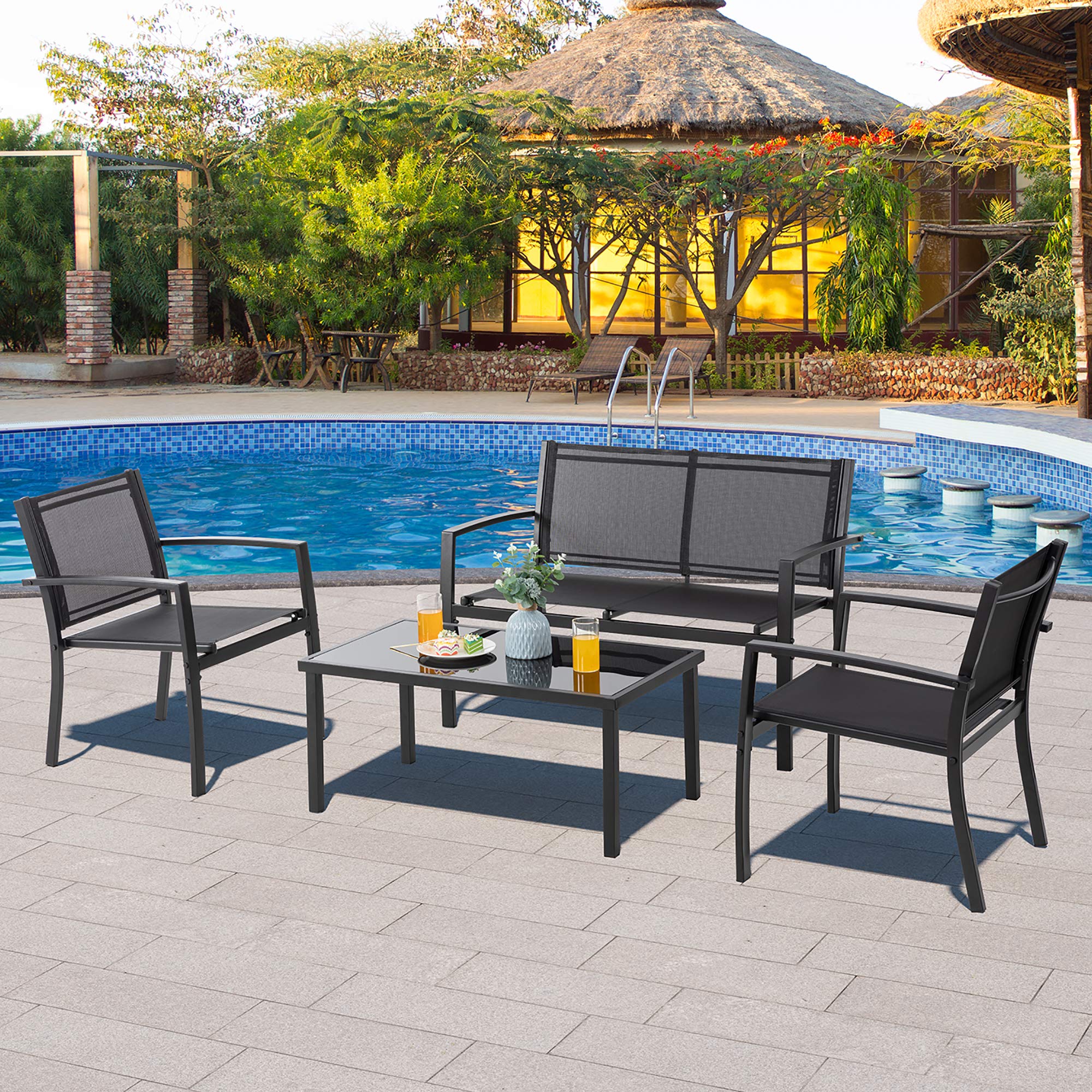 Vongrasig 4-Piece Outdoor Patio Furniture Set - Modern Textilene Bistro Set with Loveseat & Glass Coffee Table - Black Patio Conversation Set for Lawn, Balcony, Garden or Poolside Relaxation
