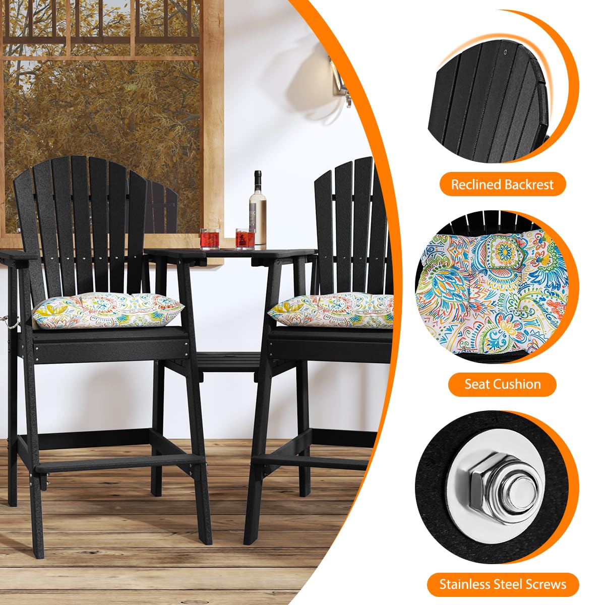 Premium Outdoor Adirondack Chairs Set of 2 with Side Table - HDPE Patio Bar Height Dining Set (3-Piece) - Counter Height Bistro Pub Table with Stools - Includes 2 Umbrella Hole Covers (Black) - Perfect for Backyard, Deck, Garden & Poolside Relaxation