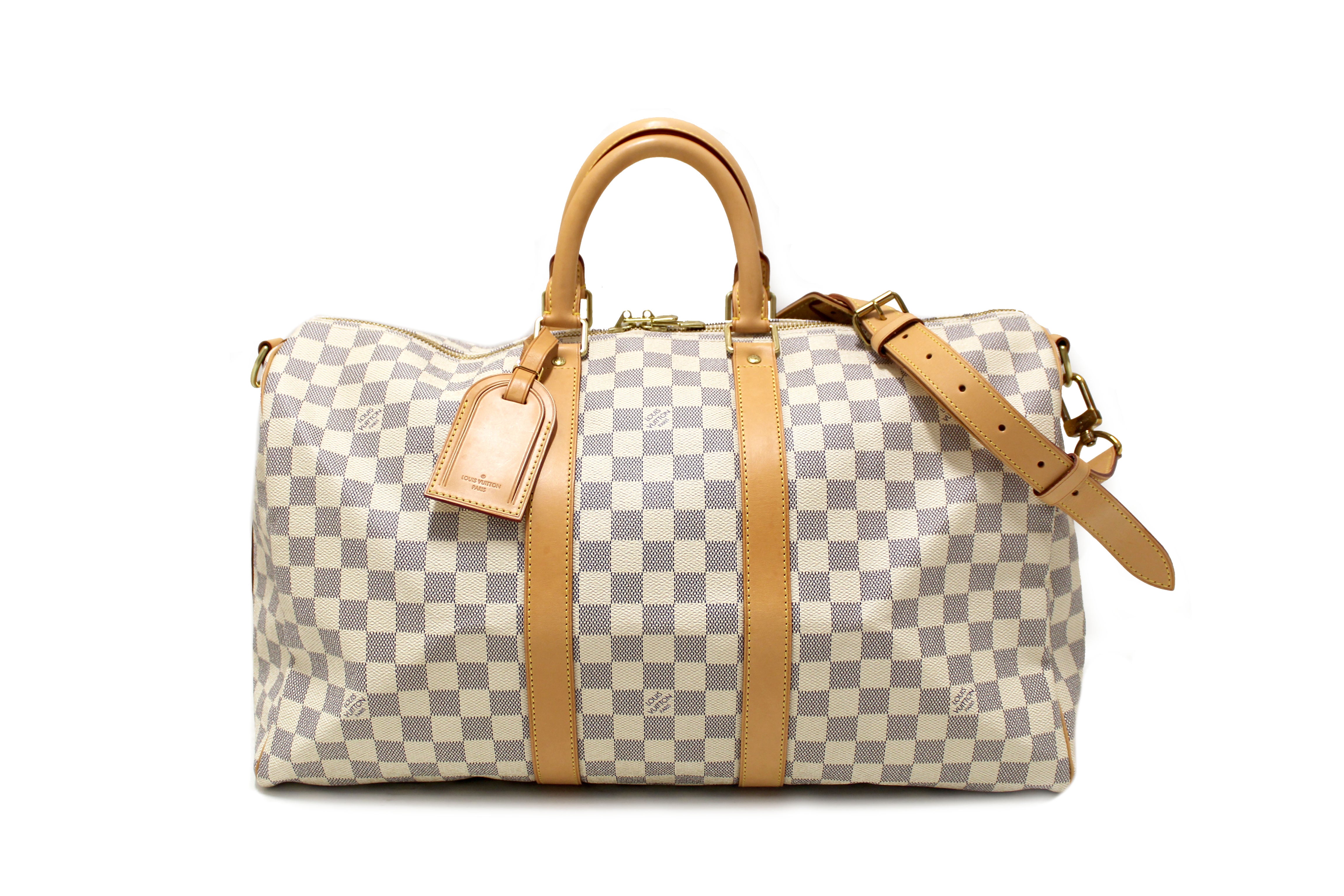 Authentic Louis Vuitton Damier Azur Keepall Bandouliere 45 Travel Duffle Bag - Stylish Carry-On for Weekend Getaways & Business Trips