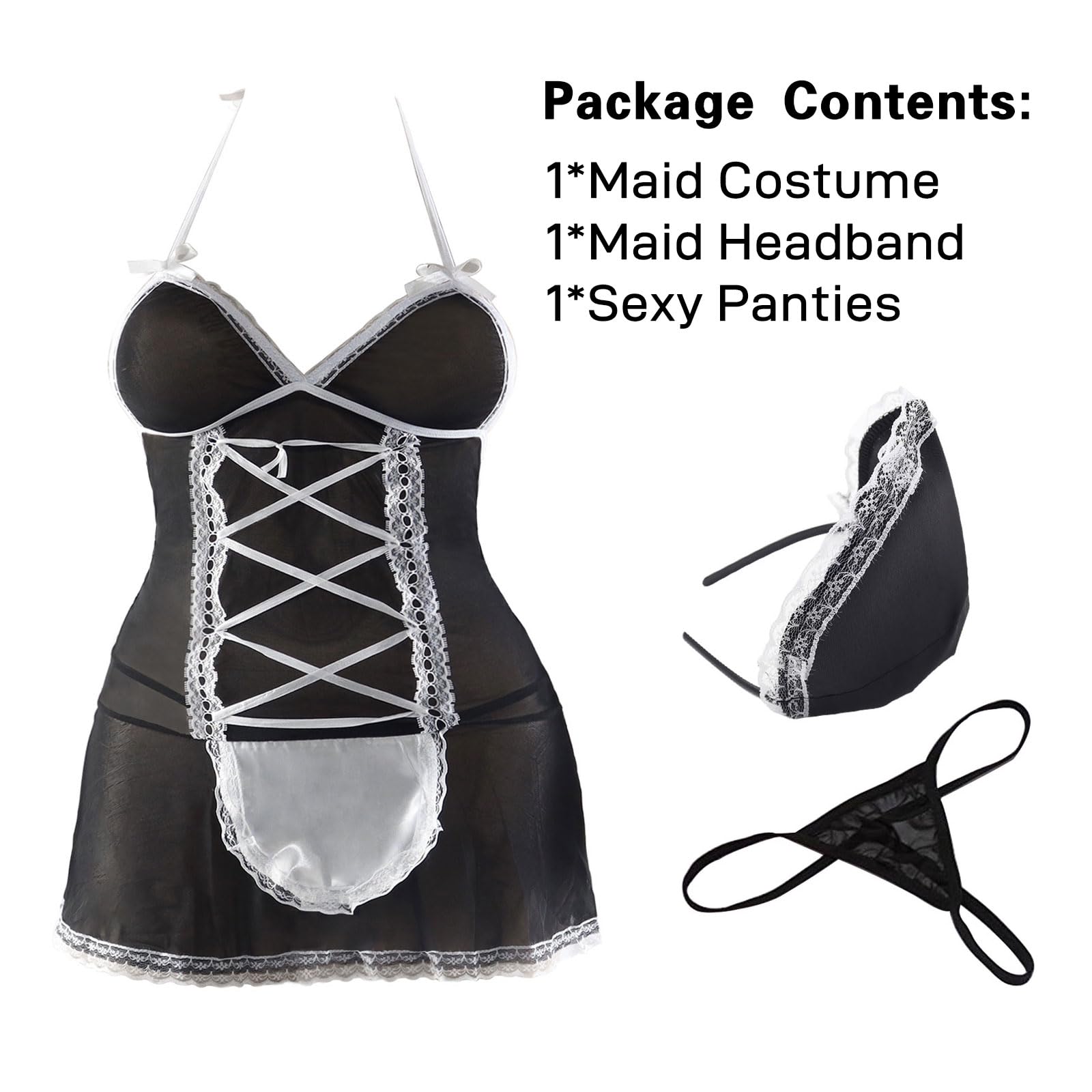 Sexy French Maid Costume for Women - Lingerie Outfit with Lace & Garters - Roleplay, Halloween, Cosplay, Boudoir Photography
