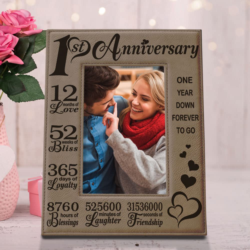 KATE POSH 1st Anniversary Engraved Leather Picture Frame - 4x6 Vertical Wedding Gift for Couples, Him & Her | Romantic Keepsake for Paper Anniversary | Perfect for Bedroom, Office Desk or Gift Display