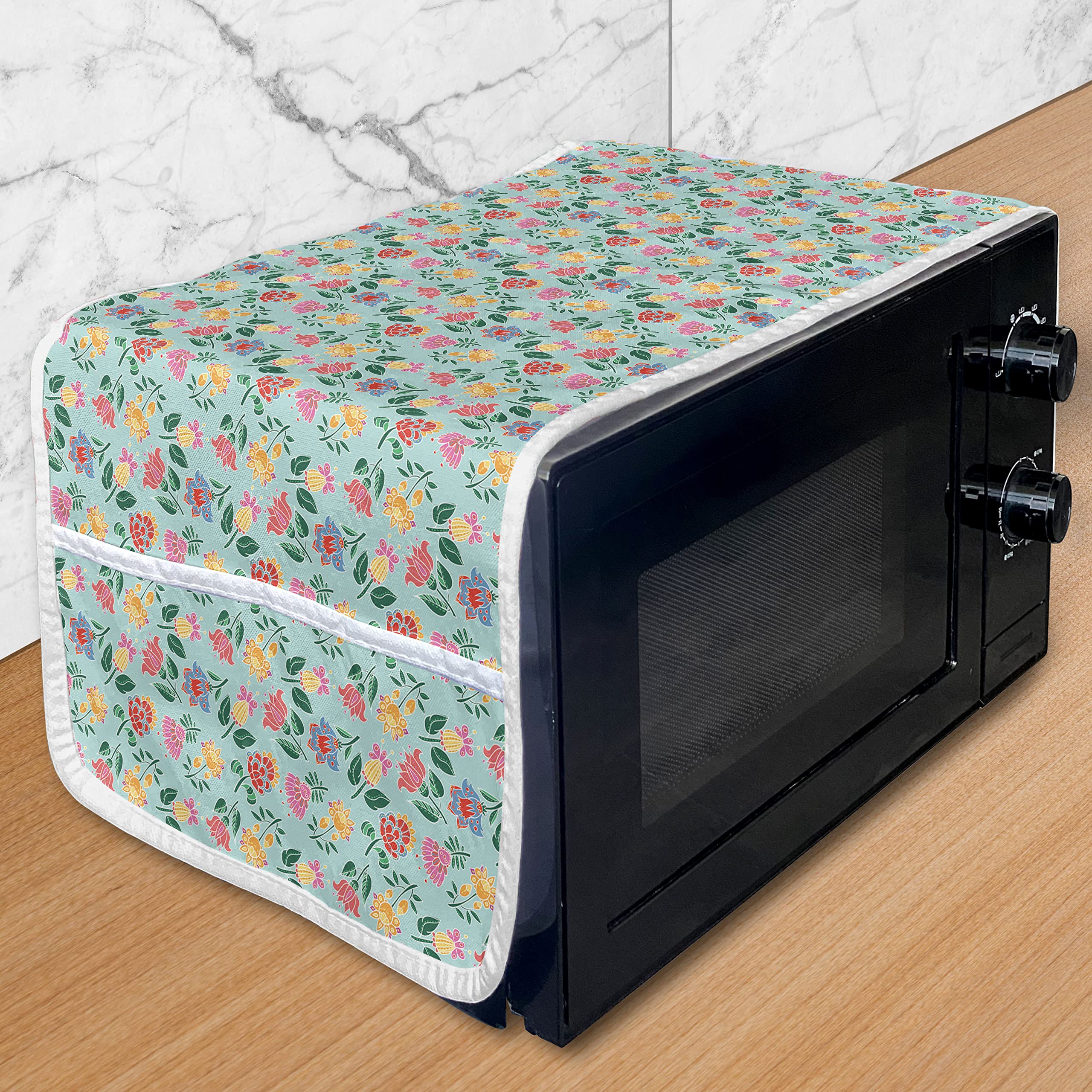 Ambesonne Floral Microwave Cover - Waterproof Kitchen Organizer with Pockets, 36