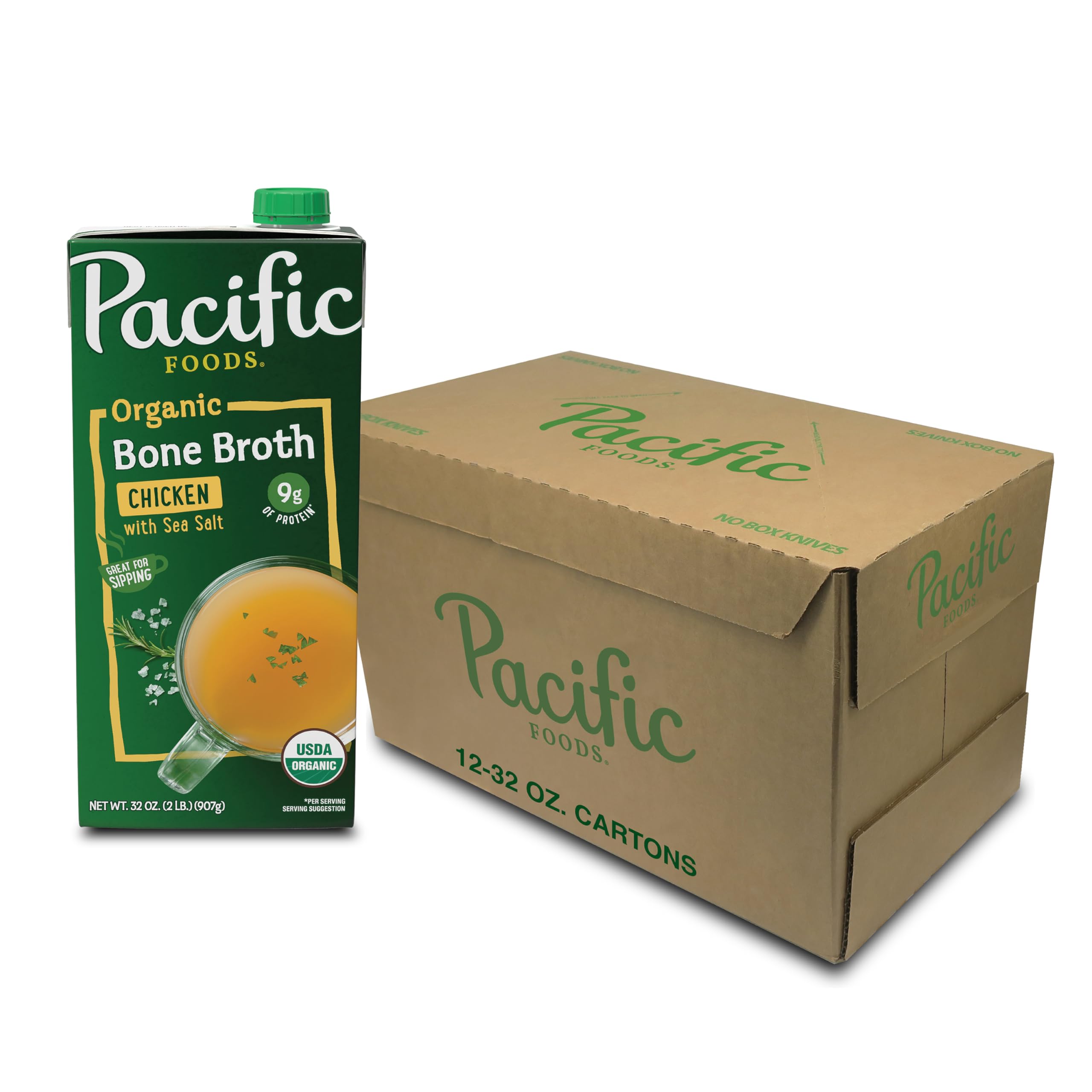 Pacific Foods Organic Chicken Bone Broth with Sea Salt - 32 Fl Oz (Pack of 12) | High Protein, Gluten Free, Keto Friendly | Perfect for Soups, Stews & Healthy Cooking