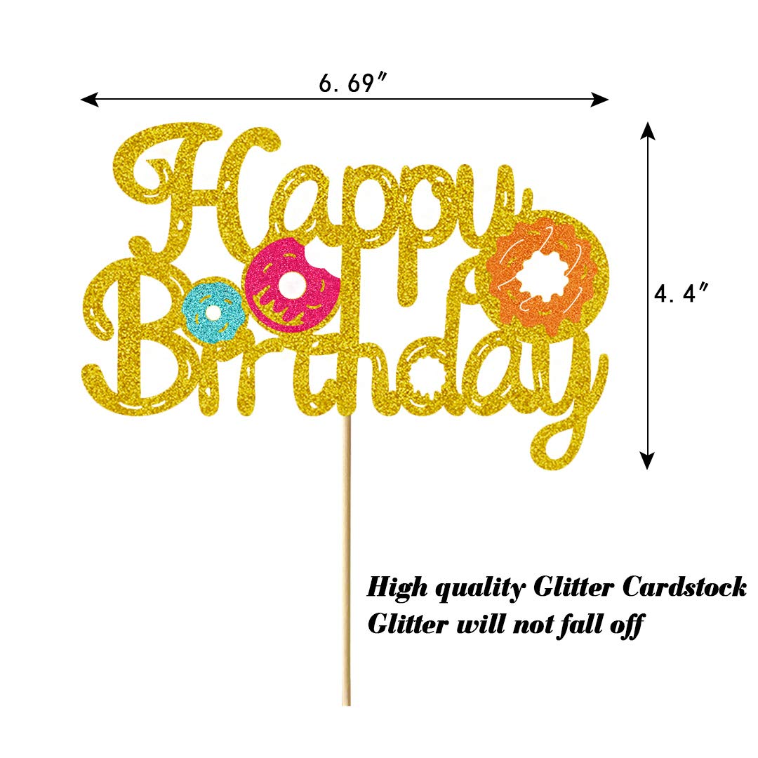 Gold Glitter Donut Cake Topper - Double Sided Happy Birthday Party Decorations for Girls & Kids (6.7’’ x 4.49’’) | Donut Grow Up Themed Birthday, Baby Shower & Celebration Cake Decoration