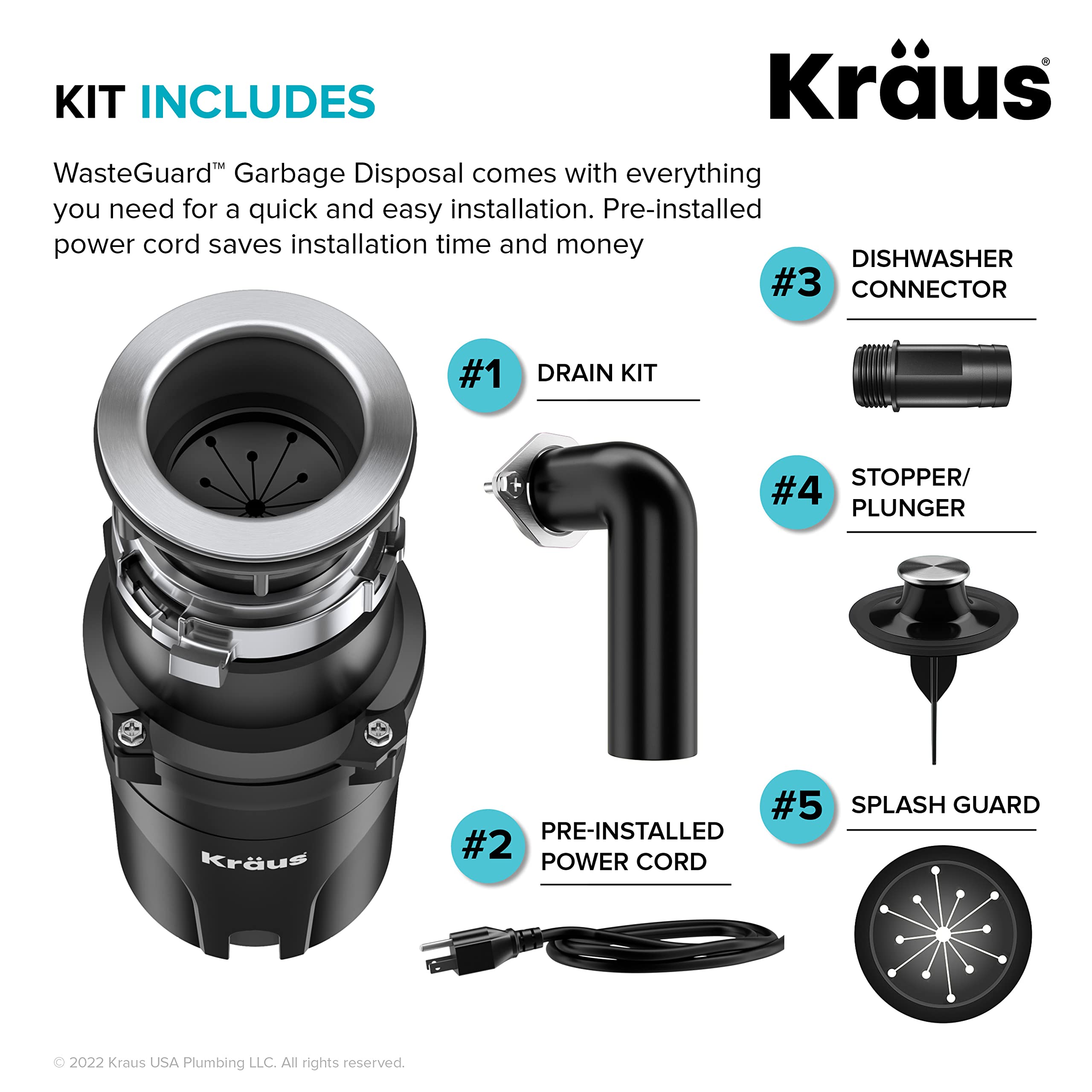 KRAUS WasteGuard 1/3 HP Continuous Feed Ultra-Quiet Garbage Disposal with Quick Connect Mount - Includes Power Cord & Flange (KWD100-33MBL) - Perfect for Kitchen Sink Waste Disposal & Food Scrap Recycling