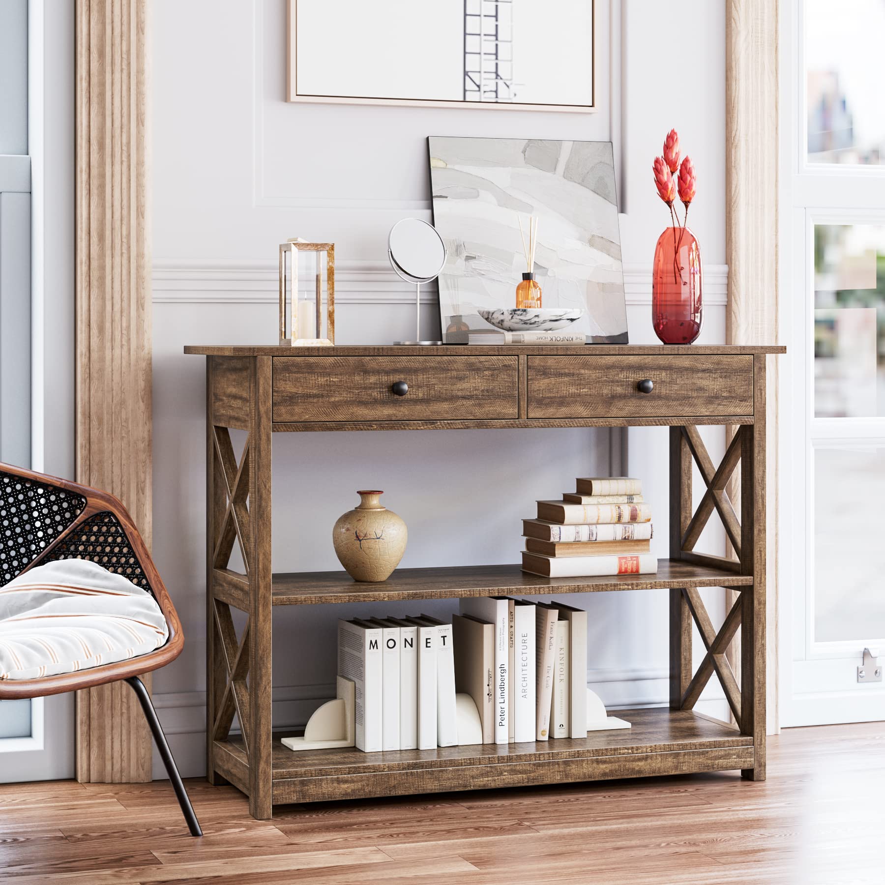 HIFIT Rustic Wood Console Table with Drawers & 3-Tier Storage Shelves - Narrow Entryway Table for Living Room, Hallway, Foyer - Walnut Brown - Perfect for Small Spaces & Home Organization
