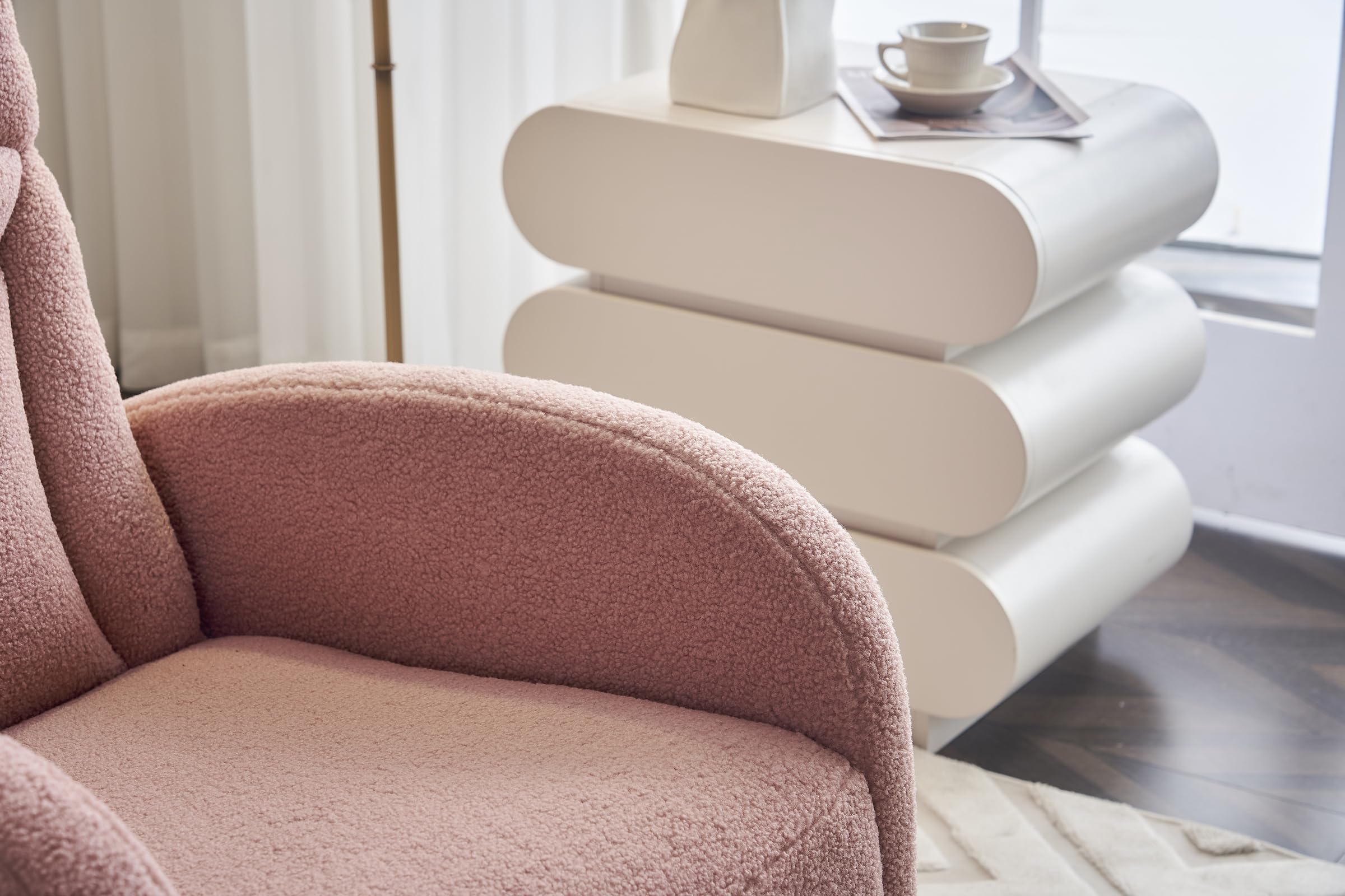 Comfortable Nursery Glider Rocking Chair with Retractable Footrest - High Back Wide Seat Nursing Chair with Side Pocket & Rubber Wood Legs - Perfect for Baby Nurseries, Living Rooms & Breastfeeding (Pink)