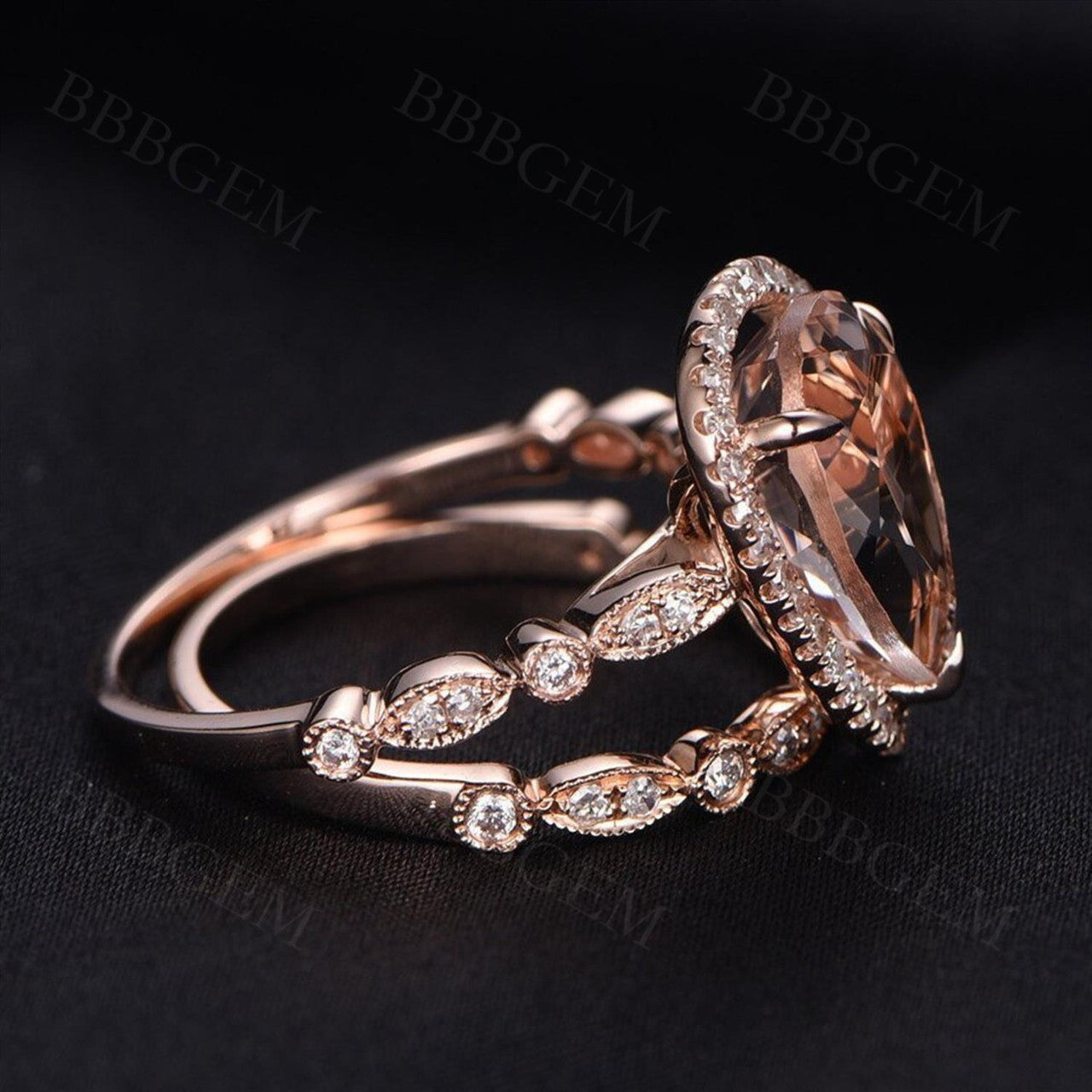 Natural Morganite & Diamond Halo Rose Gold Teardrop Ring Set for Women - 8x12mm Elegant Bridal Jewelry, Anniversary Gift, Engagement Ring, Wedding Band Set