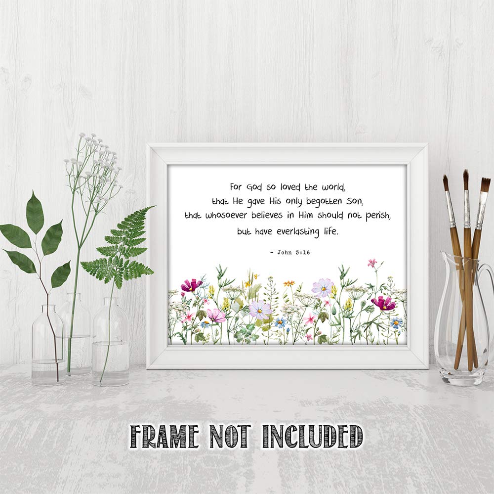 TJ Originals - John 3:16 Bible Verse Wall Art - 11x14 Inspirational Christian Home Decor with Wild Flowers Design - Perfect for Living Room, Bedroom & Church - Great Gift for Women, Family & Friends (Birthday, Housewarming, Religious Occasions)