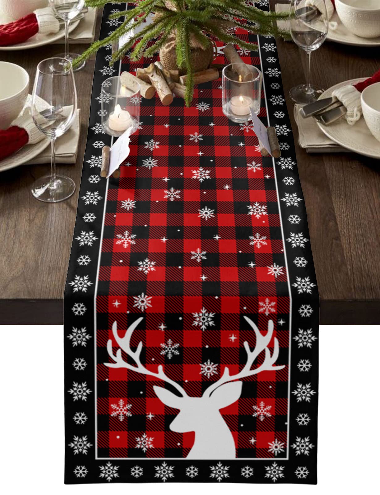 120-Inch Christmas Table Runner - Xmas Elk Reindeer Cotton Linen Tablecloth for Wedding, Dining Tables, Party & Holiday Decor | Snowflake Buffalo Check Pattern | Perfect for Festive Gatherings, Home Decor & Seasonal Celebrations