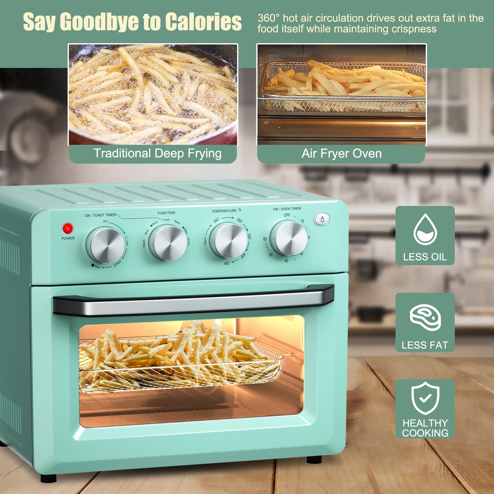 SIMOE 19QT 7-in-1 Retro Air Fryer Toaster Oven Combo with Convection Bake, Toast, Broil & Warm Functions - 1550W Stainless Steel Countertop Oven with 5 Accessories & Recipe Book (Turquoise) - Perfect for Small Kitchens, Dorms, Apartments & Healthy Cooking