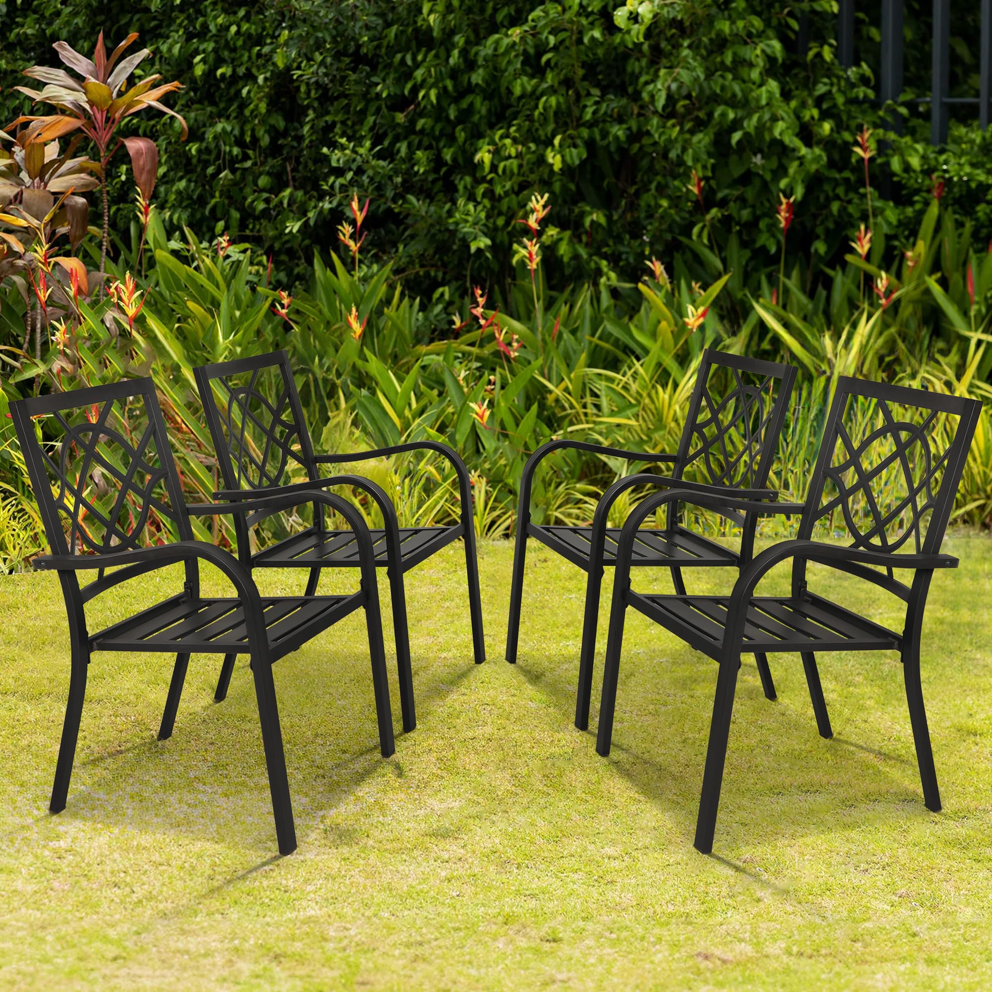 Incbruce 300lbs Capacity Patio Chairs Set of 4 - Heavy Duty Stackable Outdoor Dining Chairs with Metal Frame & Wrought Iron Design - Perfect for Garden, Poolside, Backyard, Deck, and Outdoor Entertaining