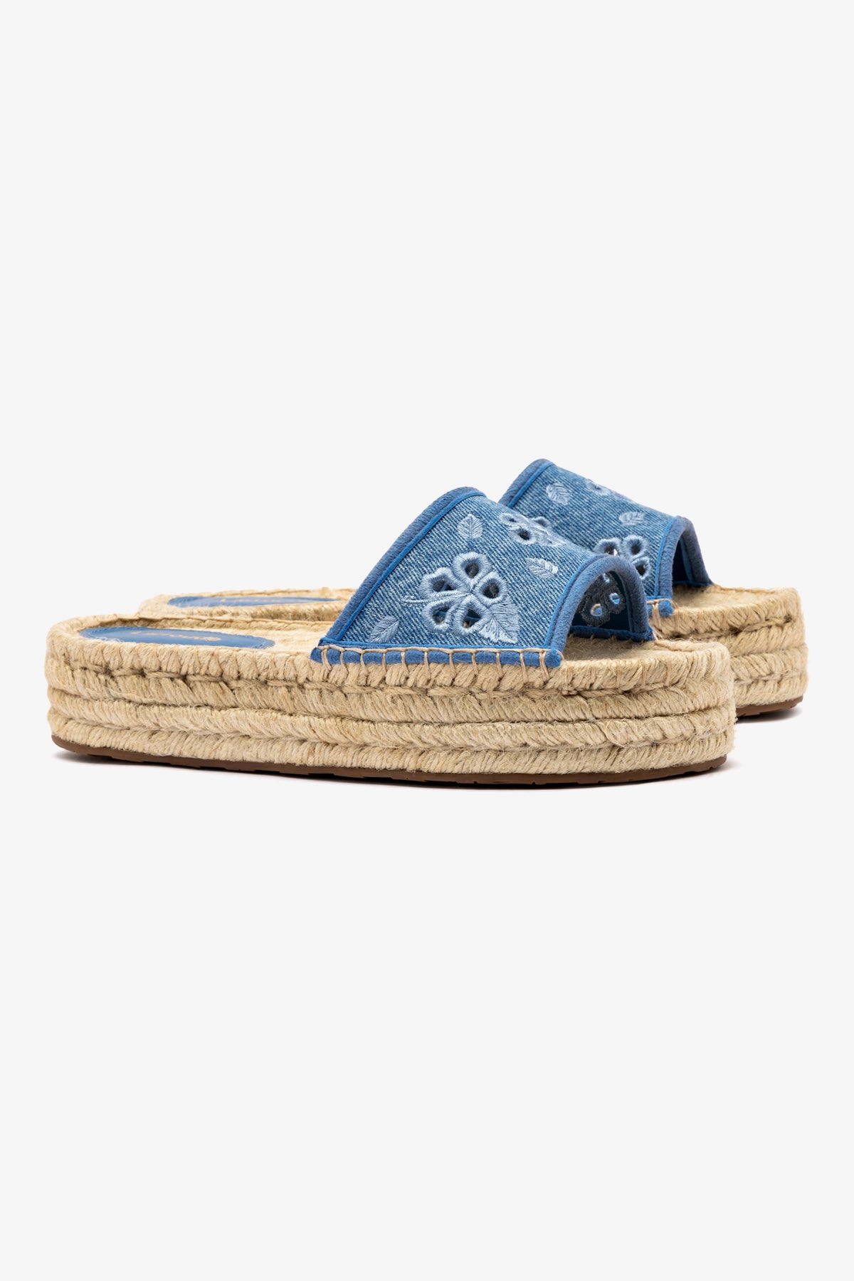 Letizia Blue Stoned Denim & Hibiscus Broderie Flatform Espadrille Shoes | Comfortable Summer Wedge Sandals for Women | Perfect for Beach, Vacation & Casual Outings
