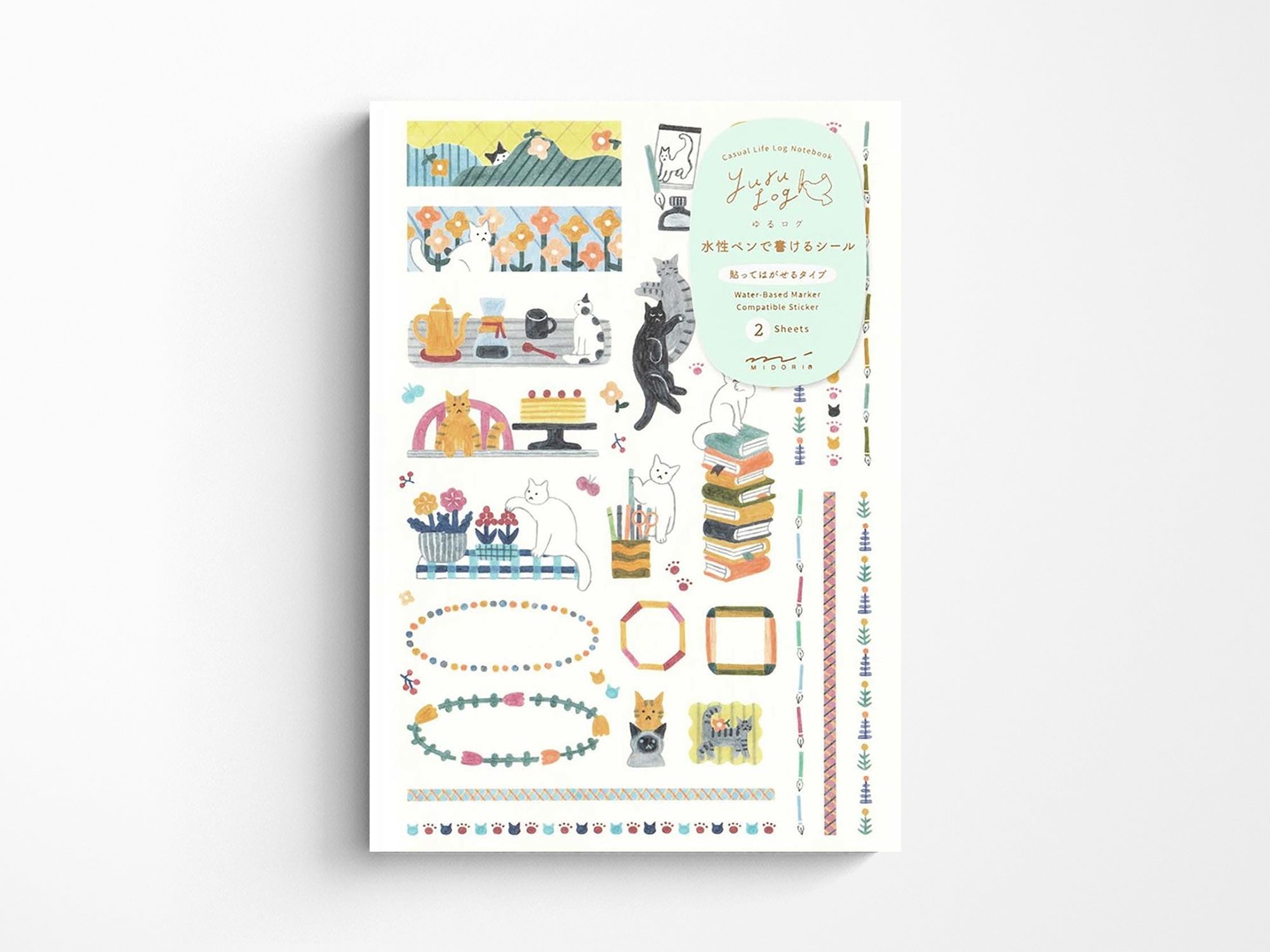 Midori Yuru Log Sticker Set - 2 Sheets Cute Cat Design for Planners, Journals & Scrapbooking