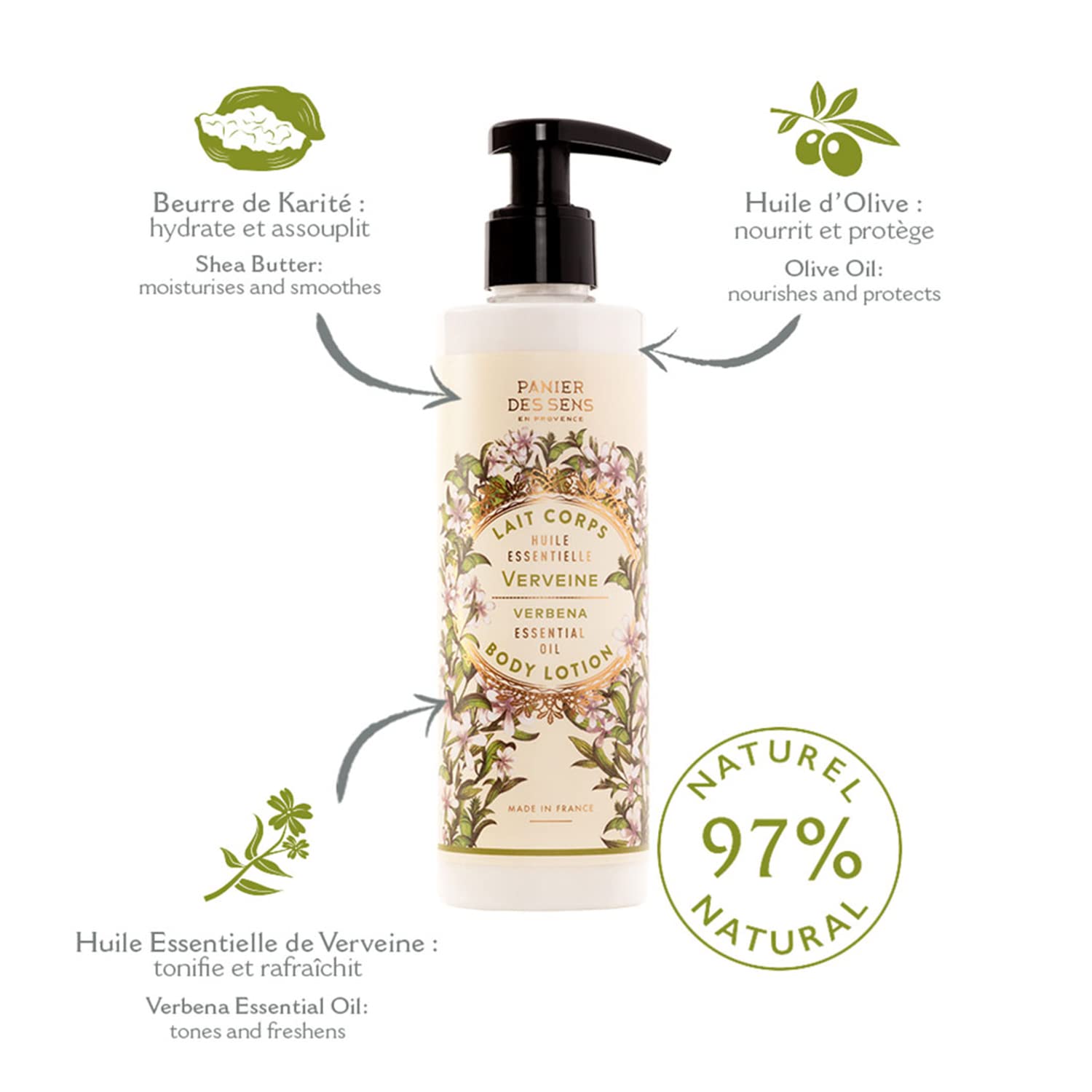 Panier des Sens Verbena Body Lotion for Dry Skin - Hydrating & Nourishing Body Cream with Shea Butter & Olive Oil - 97% Natural Ingredients Moisturizer for Women - 8.45 Fl Oz - Perfect for Daily Hydration & Post-Shower Skin Care