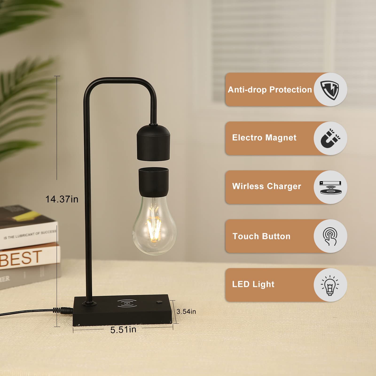 Magnetic Levitating Lamp with LED Light Bulb - Wireless Charger & Auto Control - Floating Desk Decor for Home Office, Bedroom, and Gift Ideas
