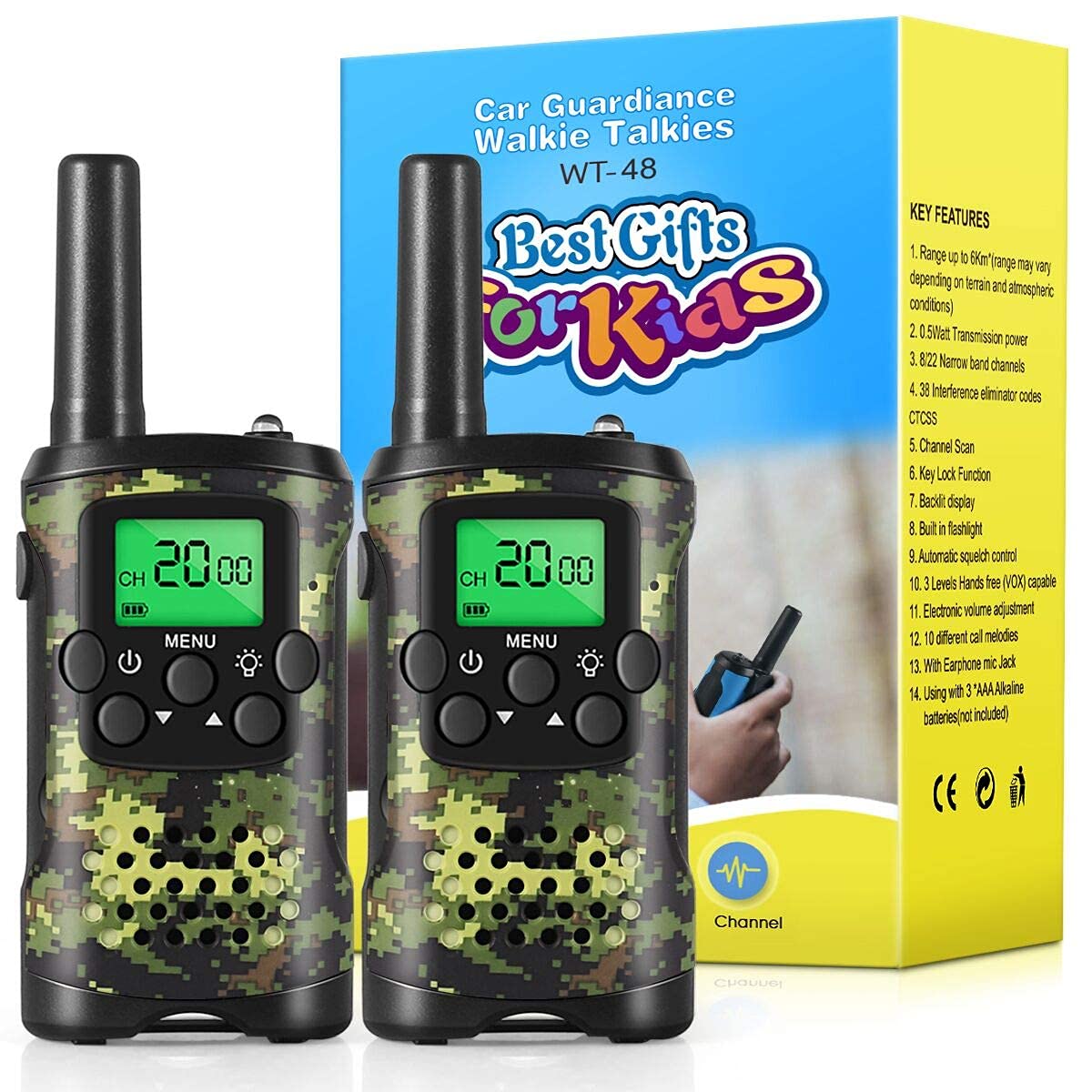 Kids Walkie Talkies 22 Channel 3 Mile Range - Car Guardiance 2 Pack with LCD Backlit & Flashlight - Best Outdoor Toys for Boys Girls Ages 4-12 - Perfect for Camping, Hiking, Backyard Adventures & Family Road Trips (Green Camo)