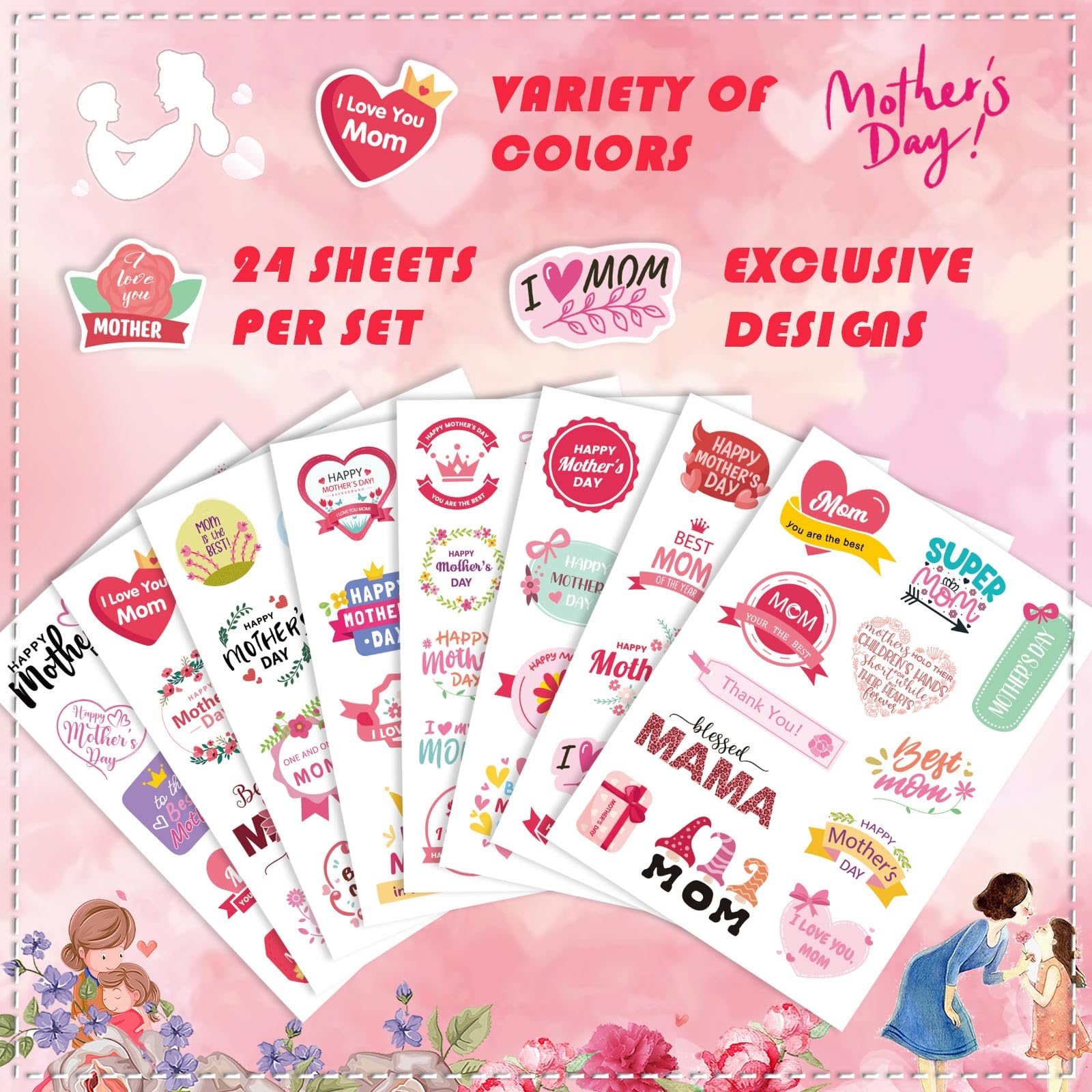 321Pcs Happy Mother's Day Stickers - Cute Mom Stickers for Scrapbooking, DIY Cards, Gift Wrapping & Journaling - Perfect Mothers Day Gift Labels & Decoration