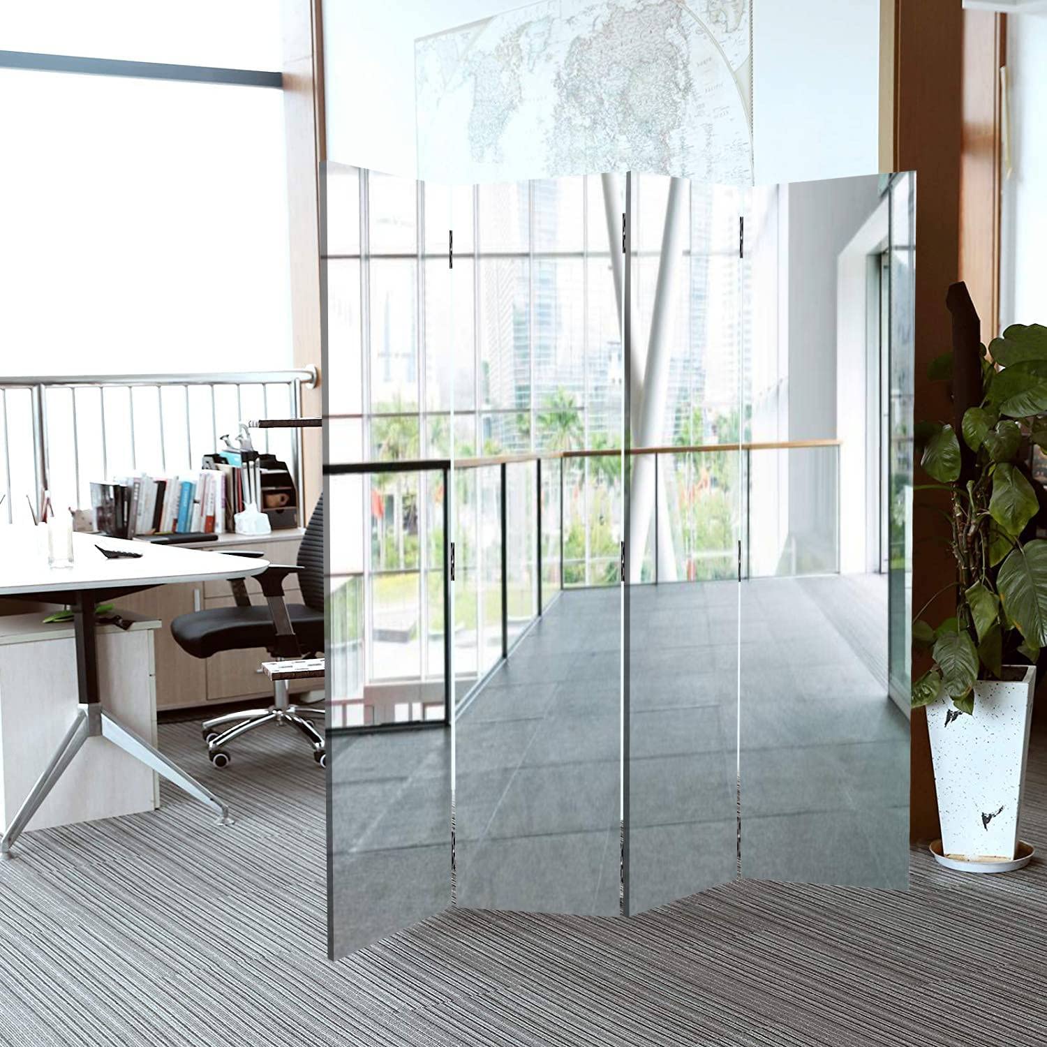 4-Panel Canvas Room Divider Screen with Railing - Foldable Privacy Partition for Office, Home, and Temporary Walls | Perfect for Workspaces, Studios, and Room Separation