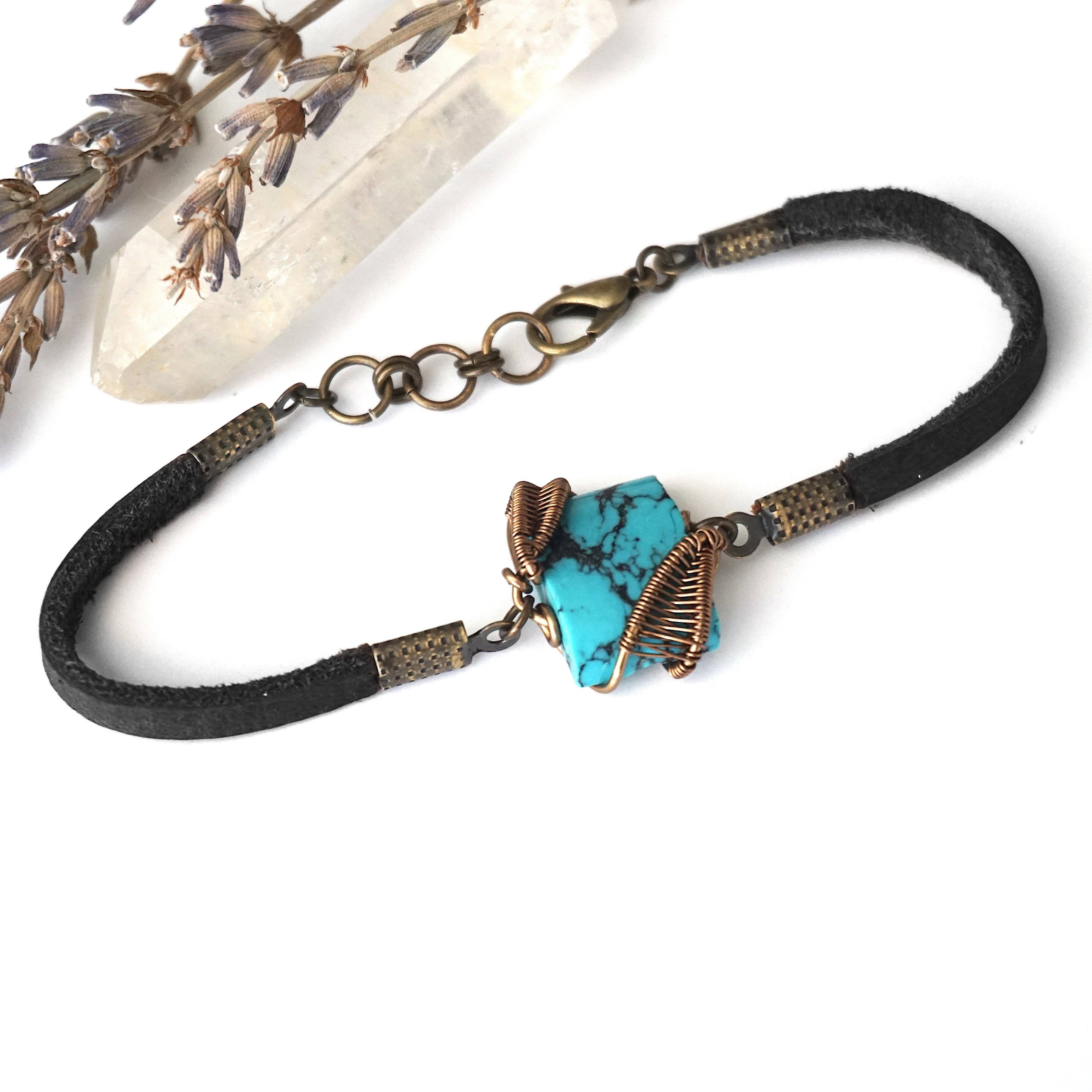 Turquoise Leather Bracelet - Adjustable Handmade Beaded Bracelet for Women - Black or Brown Leather - Boho Jewelry for Everyday Wear & Gift Giving