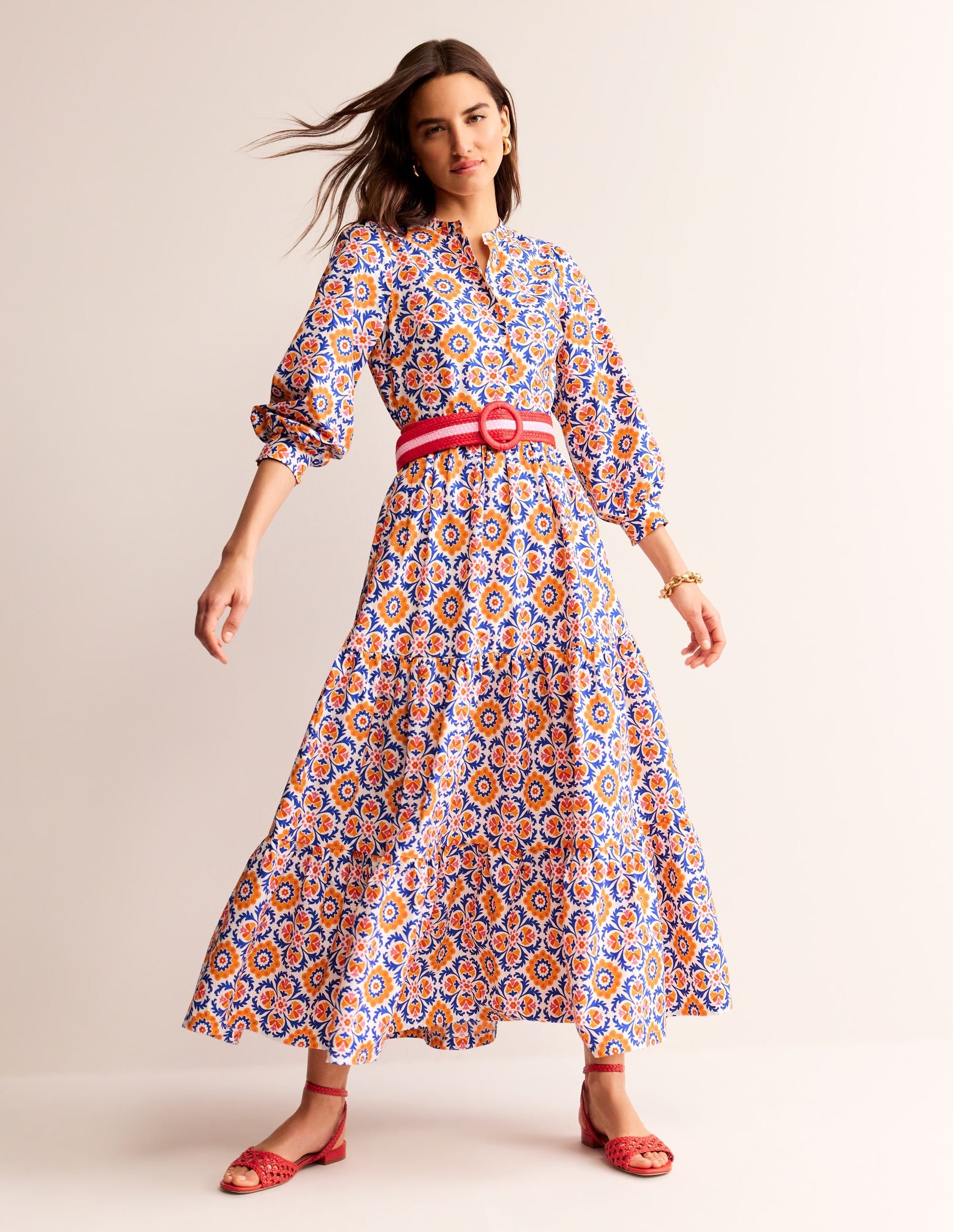 Alba Tiered Cotton Maxi Dress in Artisan's Gold & Mosaic Bloom Print | Flowy Boho Summer Dress for Beach, Vacation & Casual Outings