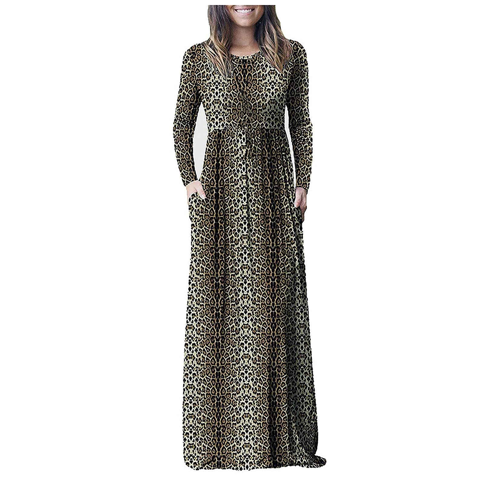YALFJV Women's Long Sleeve Leopard Print Maxi Dress - Loose Fit Casual Summer Dress with Pockets | Perfect for Beach, Vacation & Everyday Wear