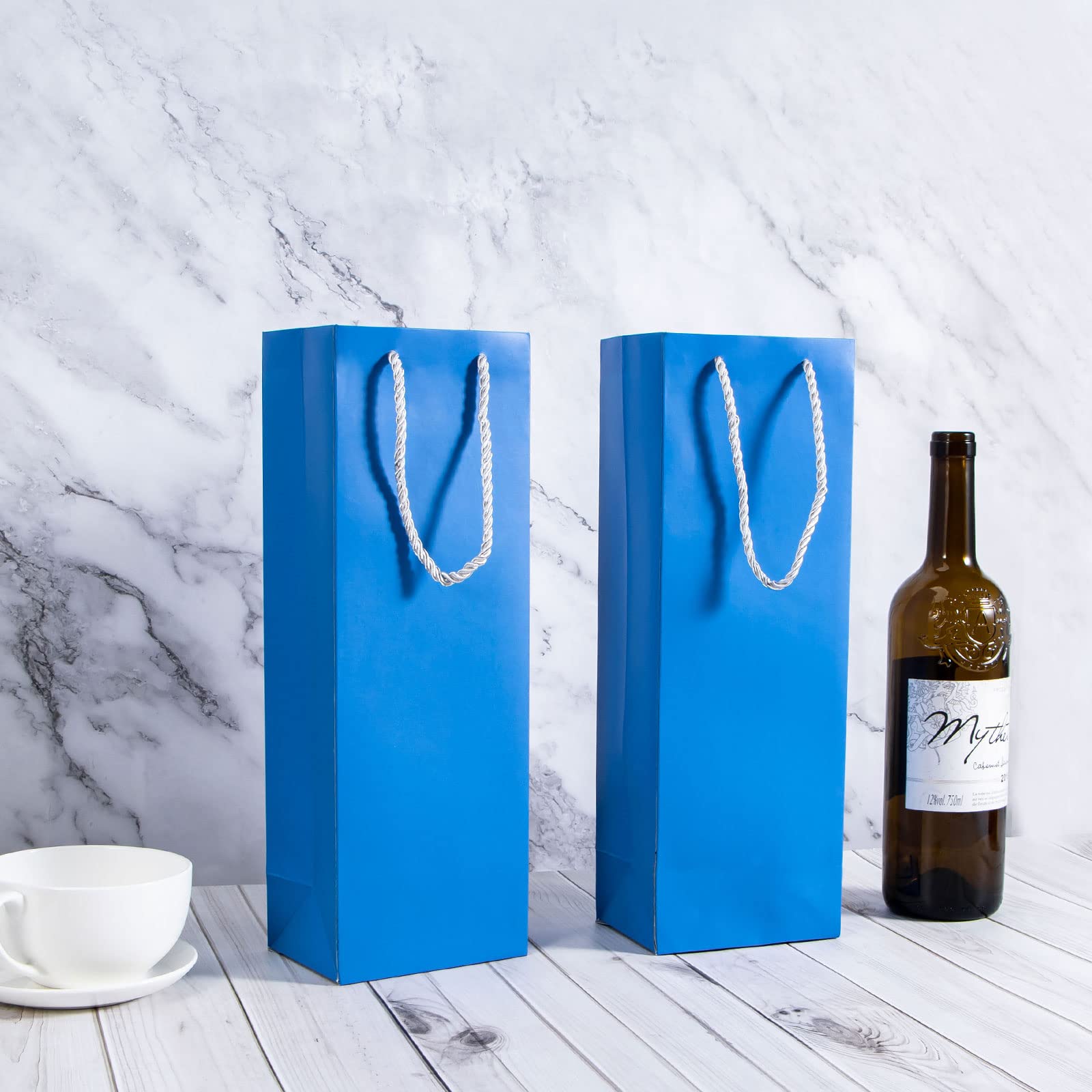 Premium 20-Pack Wine Gift Bags with Handles - 3.54” × 4.72” × 13.78” Elegant Blue Wine Bottle Paper Bags for Gifting, Parties & Special Occasions