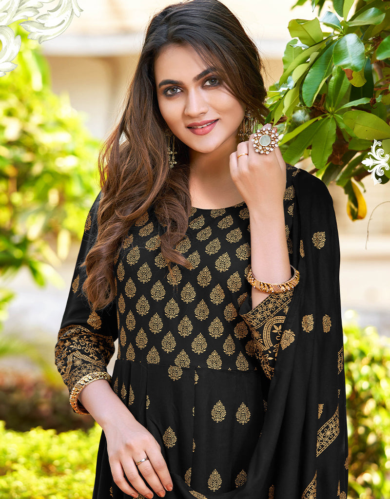 Black Heavy 14 Kg Rayon Anarkali Suit - Elegant Indian Ethnic Dress for Women, Perfect for Weddings, Festivals & Special Occasions