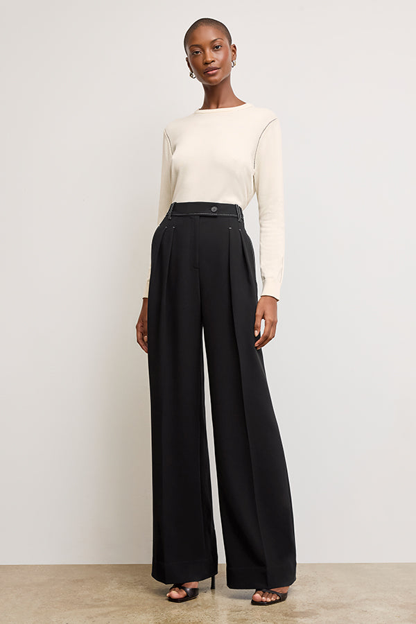 Bia Pleated Trousers for Women - High Waist Everyday Crepe Pants with Topstitch Detail - Comfortable Office Work Pants - Black - Perfect for Business Casual & Professional Wear