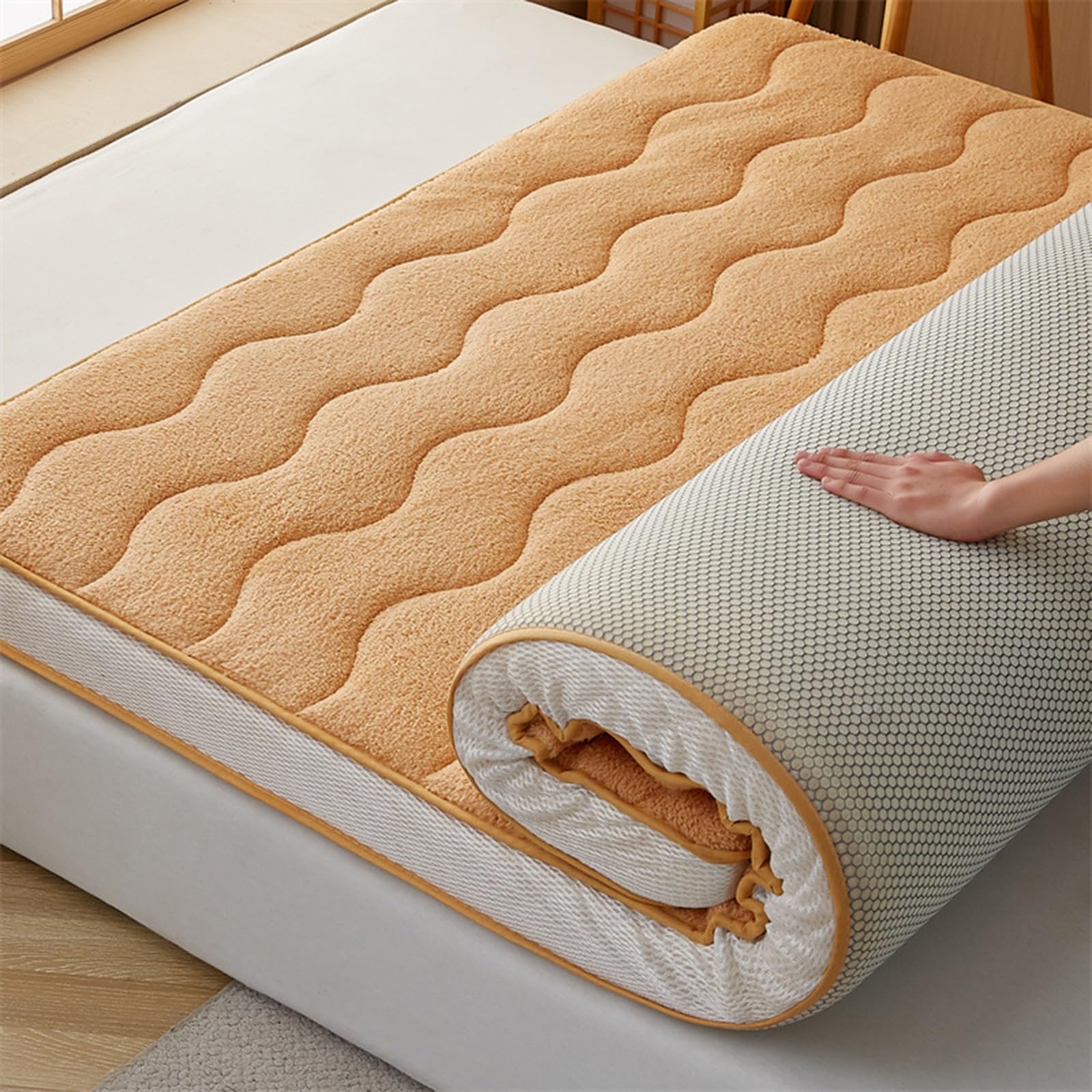 LXBche Double Portable Japanese Futon Mattress - Foldable Tatami Floor Mattress for Home, Camping & Couch - Roll Up Sleeping Pad (Lambskin Camel) | Perfect for Guest Beds, Travel & Small Spaces