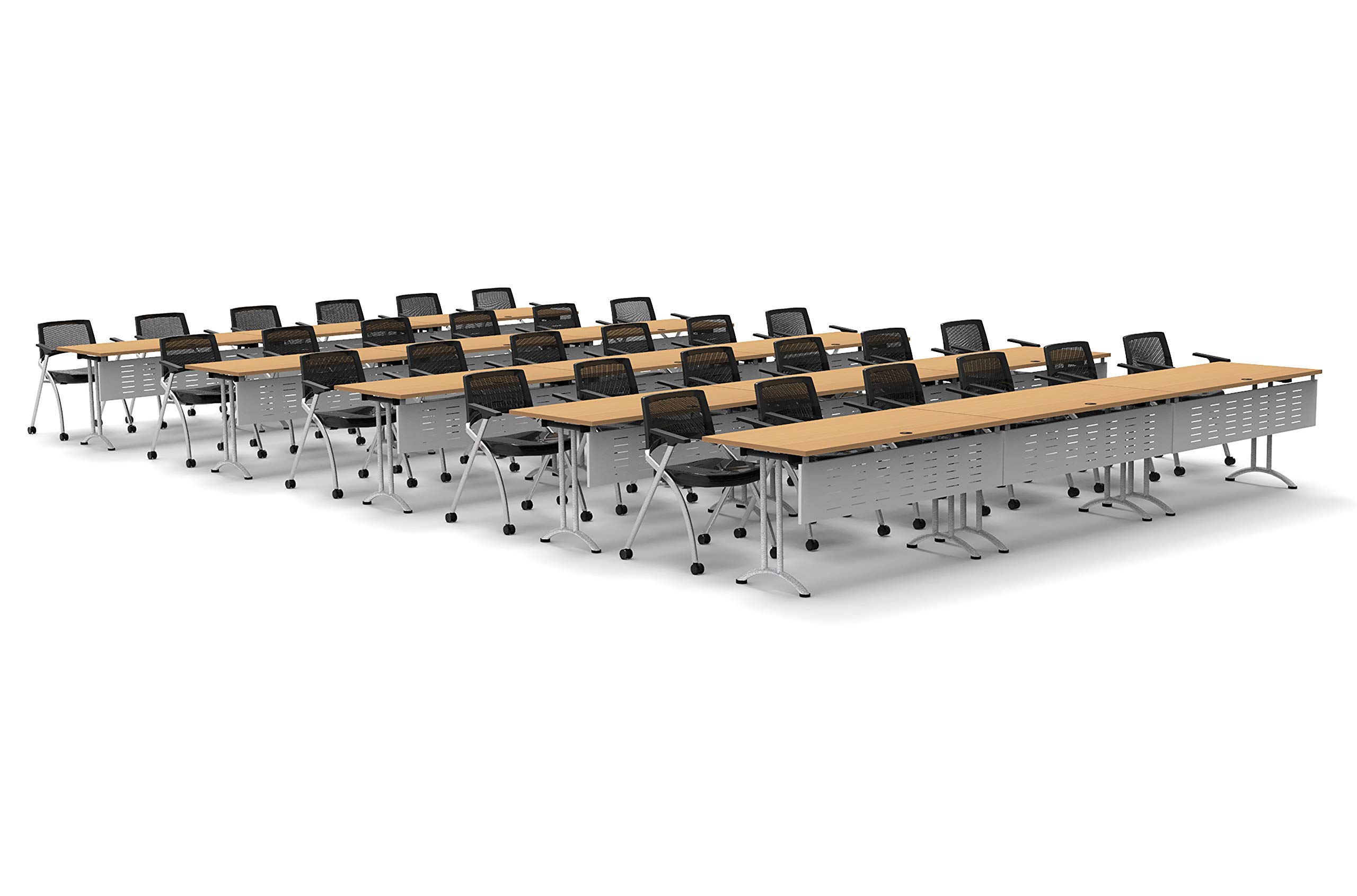 30-Person Folding Conference Table Set with 60 Beech Chairs & Modesty Panels - Connectable Training Tables for Classrooms, Seminars & Meetings - Space-Saving Nesting Design for Compact Storage - Ideal for Corporate Events, School Classrooms & Conference Rooms