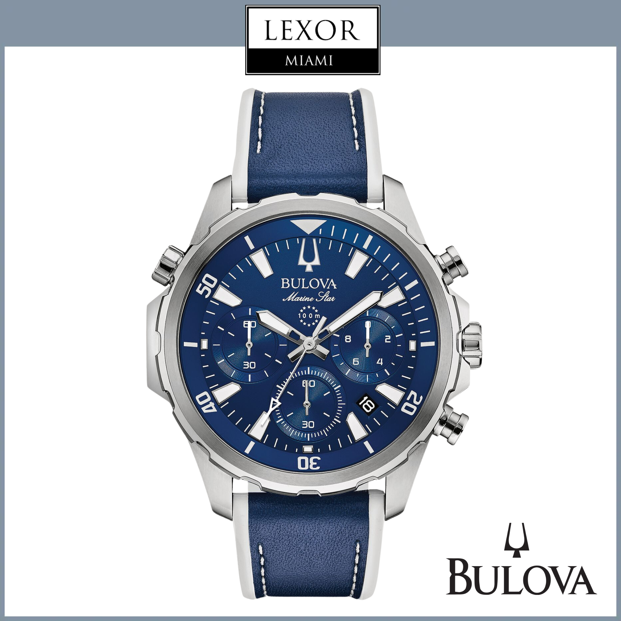 Bulova 96B287 Marine Star Men's Watch - Blue Leather Strap, Water Resistant, Stainless Steel Case - Perfect for Business, Casual & Outdoor Activities